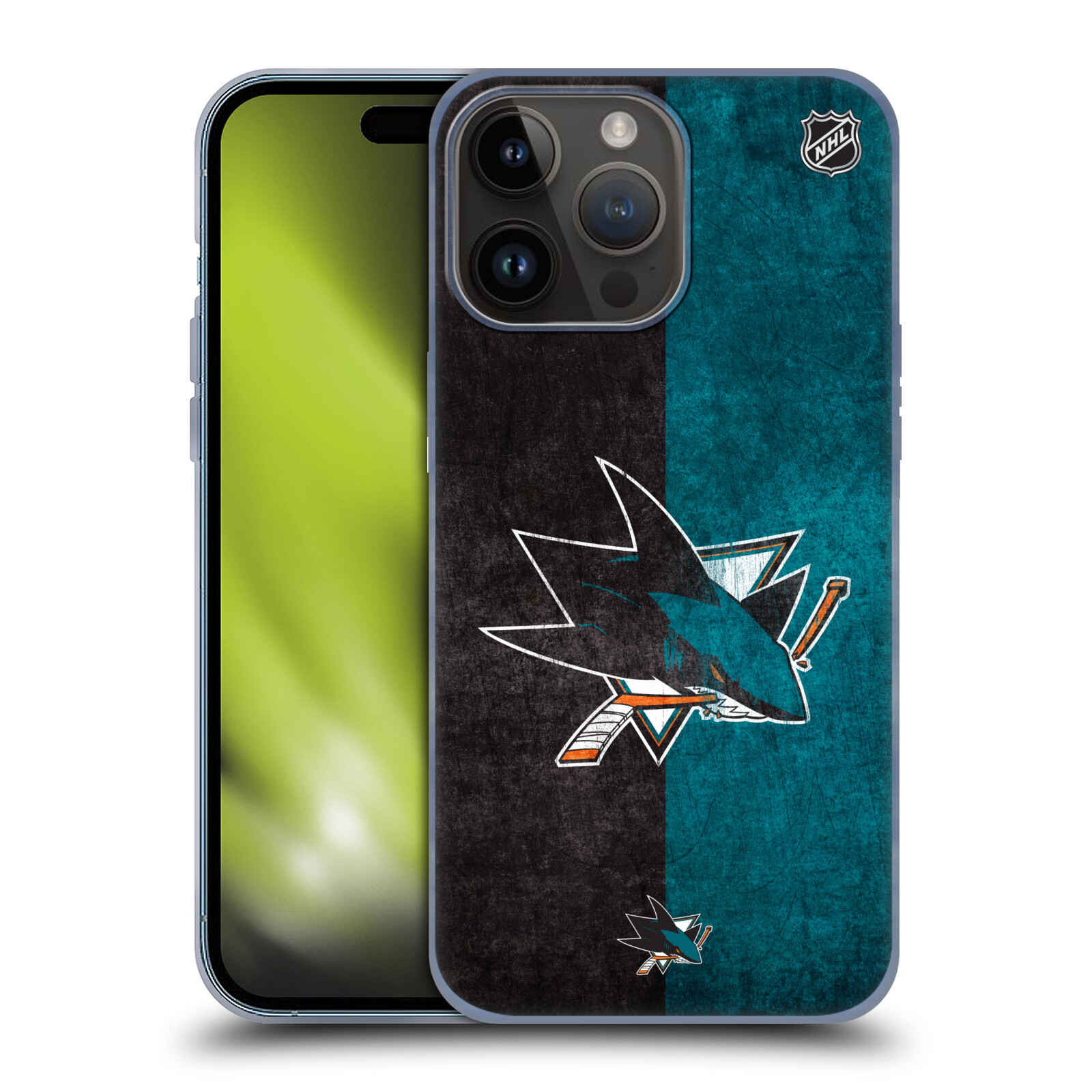 Silikonové lesklé pouzdro na mobil Apple iPhone 15 Pro Max - NHL - Půlené logo San Jose Sharks (Silikonový lesklý kryt, obal, pouzdro na mobilní telefon Apple iPhone 15 Pro Max s licencovaným motivem NHL - Půlené logo San Jose Sharks)