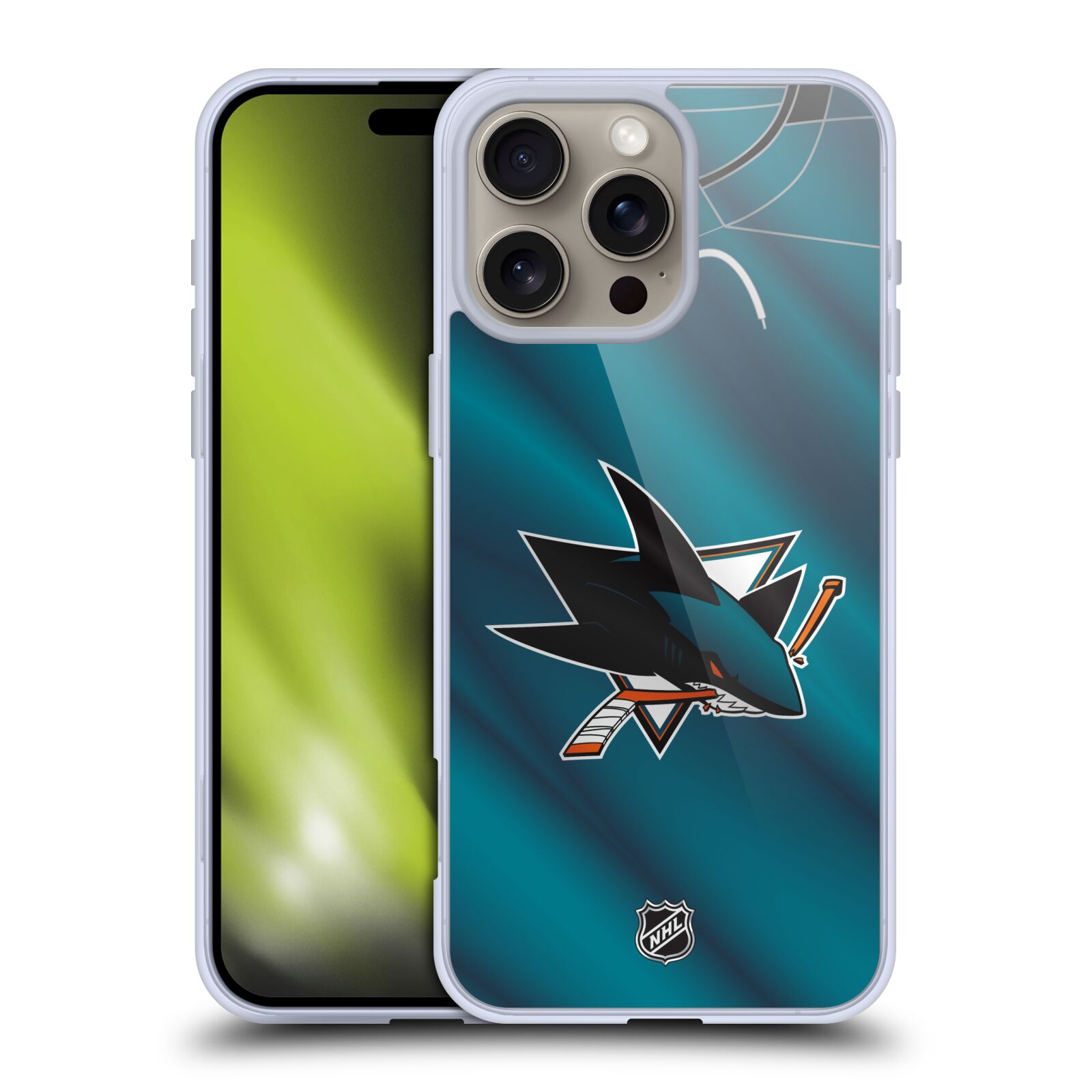 Silikonové lesklé pouzdro Apple iPhone 16 Pro Max - NHL - Dres San Jose Sharks (Lesklý silikonový kryt, obal, pouzdro na mobilní telefon Apple iPhone 16 Pro Max s licencovaným motivem NHL - Dres San Jose Sharks)