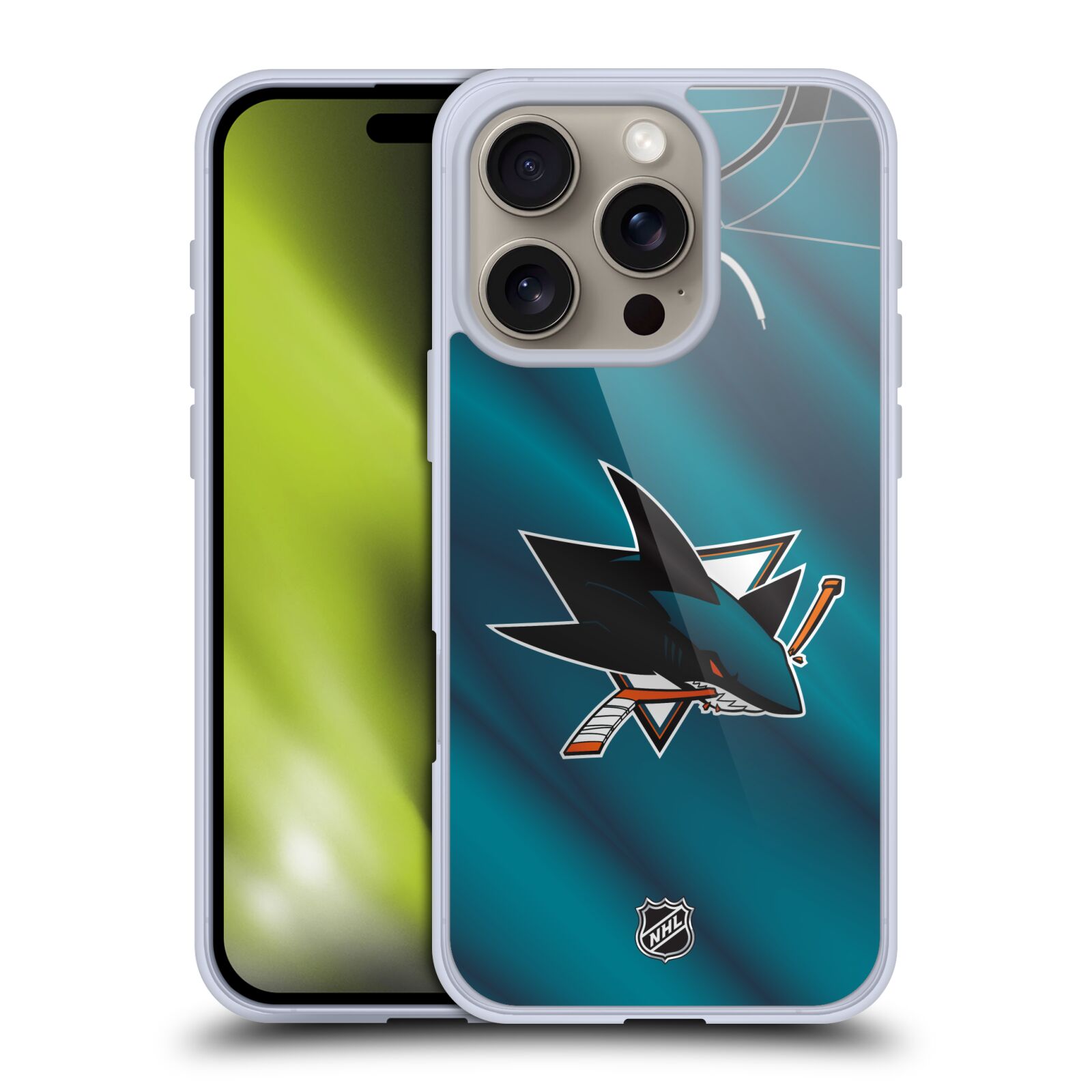 Silikonové lesklé pouzdro Apple iPhone 16 Pro - NHL - Dres San Jose Sharks (Lesklý silikonový kryt, obal, pouzdro na mobilní telefon Apple iPhone 16 Pro s licencovaným motivem NHL - Dres San Jose Sharks)