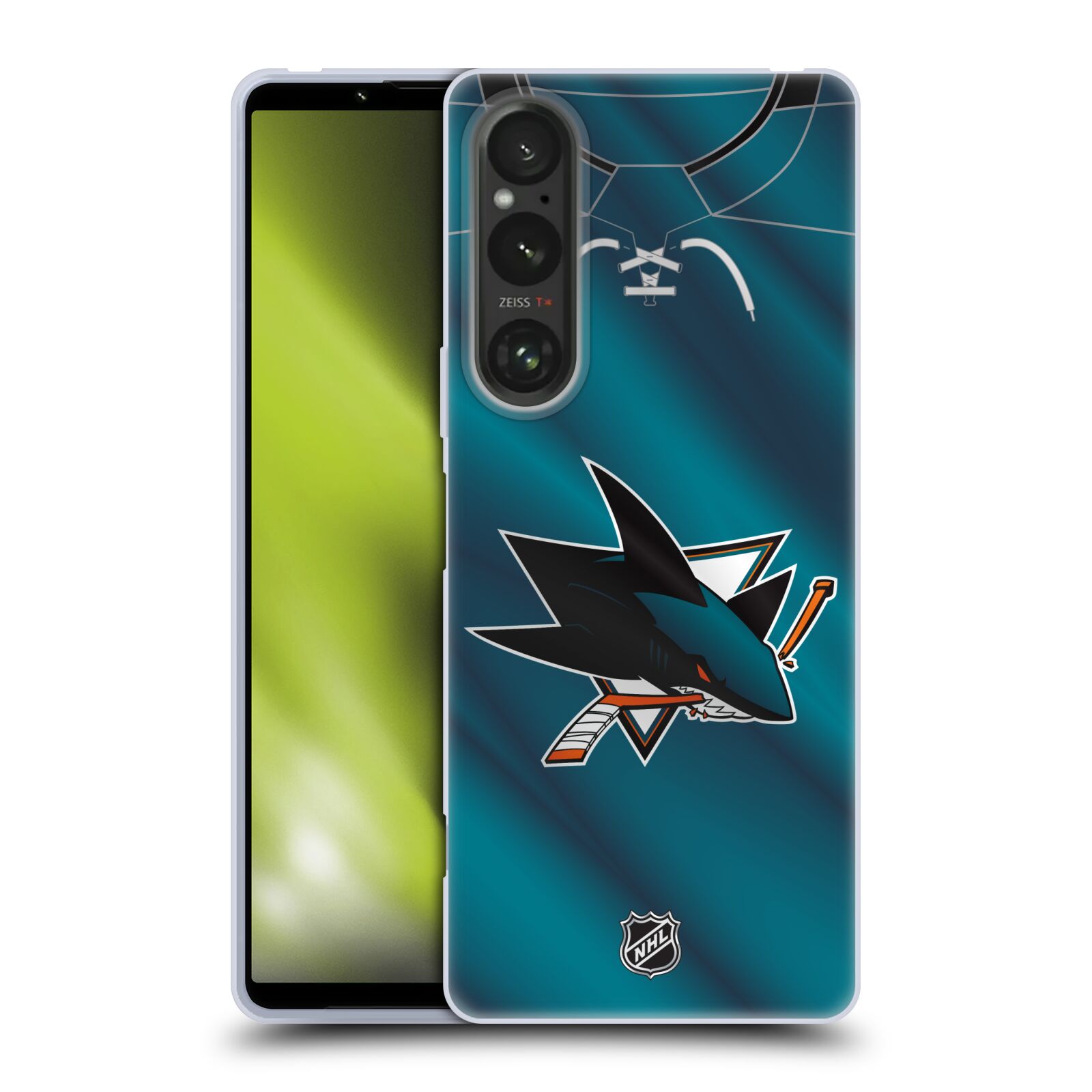 Silikonové pouzdro - Sony Xperia 1 V - NHL - Dres San Jose Sharks (Silikonový kryt, obal, pouzdro na mobilní telefon Sony Xperia 1 V s licencovaným motivem NHL - Dres San Jose Sharks)