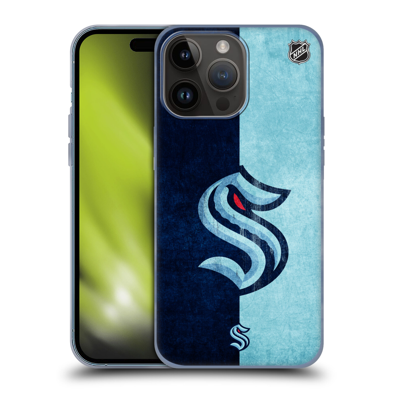 Silikonové lesklé pouzdro na mobil Apple iPhone 15 Pro Max - NHL - Půlené logo Seattle Kraken (Silikonový lesklý kryt, obal, pouzdro na mobilní telefon Apple iPhone 15 Pro Max s licencovaným motivem NHL - Půlené logo Seattle Kraken)