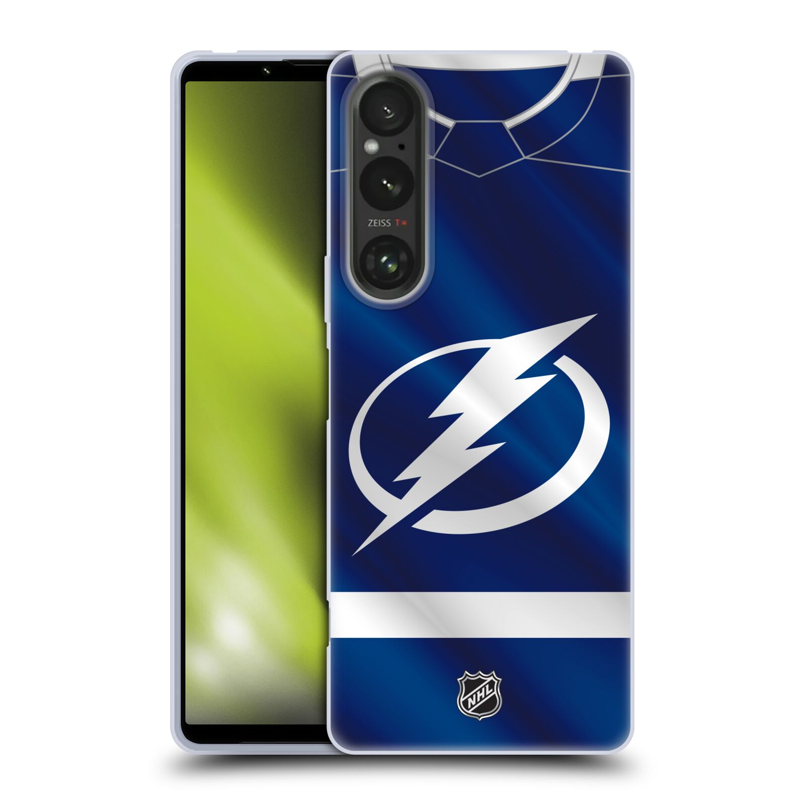 Silikonové pouzdro na mobil Sony Xperia 1 V - NHL - Dres Tampa Bay Lightning (Silikonový kryt, obal, pouzdro na mobilní telefon Sony Xperia 1 V s licencovaným motivem NHL - Dres Tampa Bay Lightning)