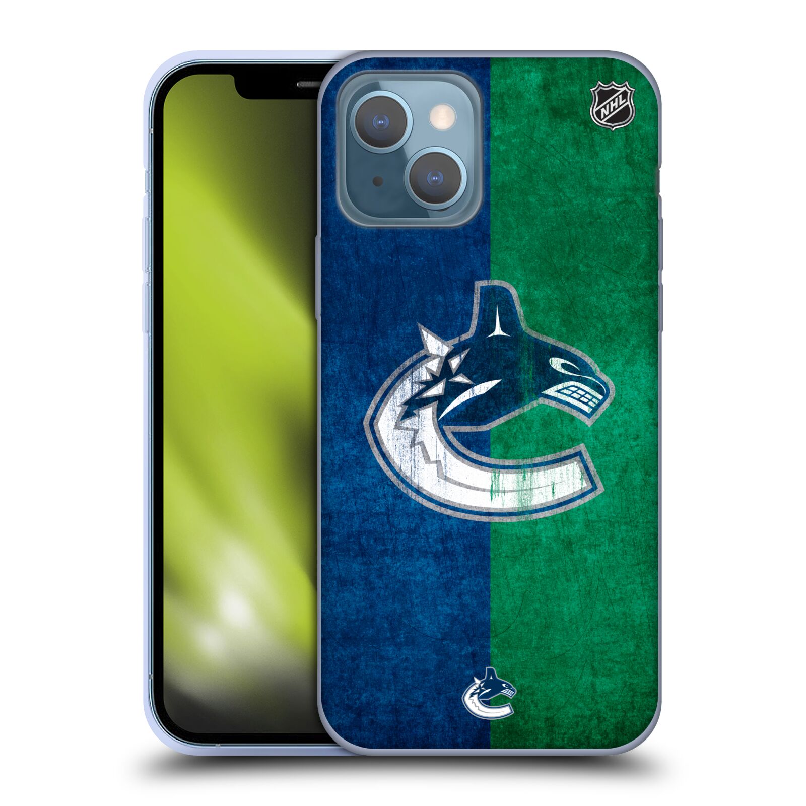 Silikonové pouzdro na mobil Apple iPhone 13 - NHL - Půlené logo Vancouver Canucks (Silikonový kryt, obal, pouzdro na mobilní telefon Apple iPhone 13 s licencovaným motivem NHL - Půlené logo Vancouver Canucks)