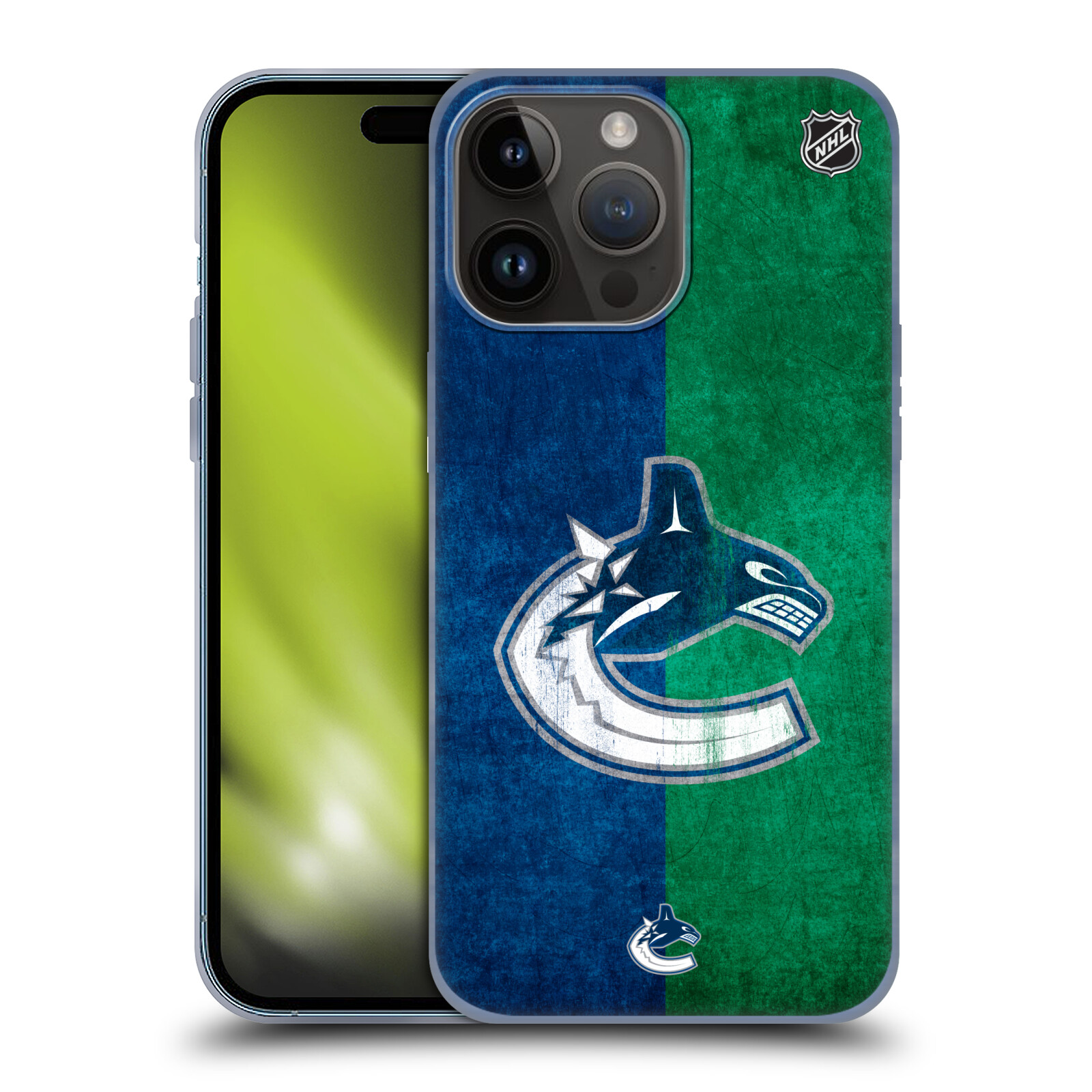 Silikonové lesklé pouzdro na mobil Apple iPhone 15 Pro Max - NHL - Půlené logo Vancouver Canucks (Silikonový lesklý kryt, obal, pouzdro na mobilní telefon Apple iPhone 15 Pro Max s licencovaným motivem NHL - Půlené logo Vancouver Canucks)