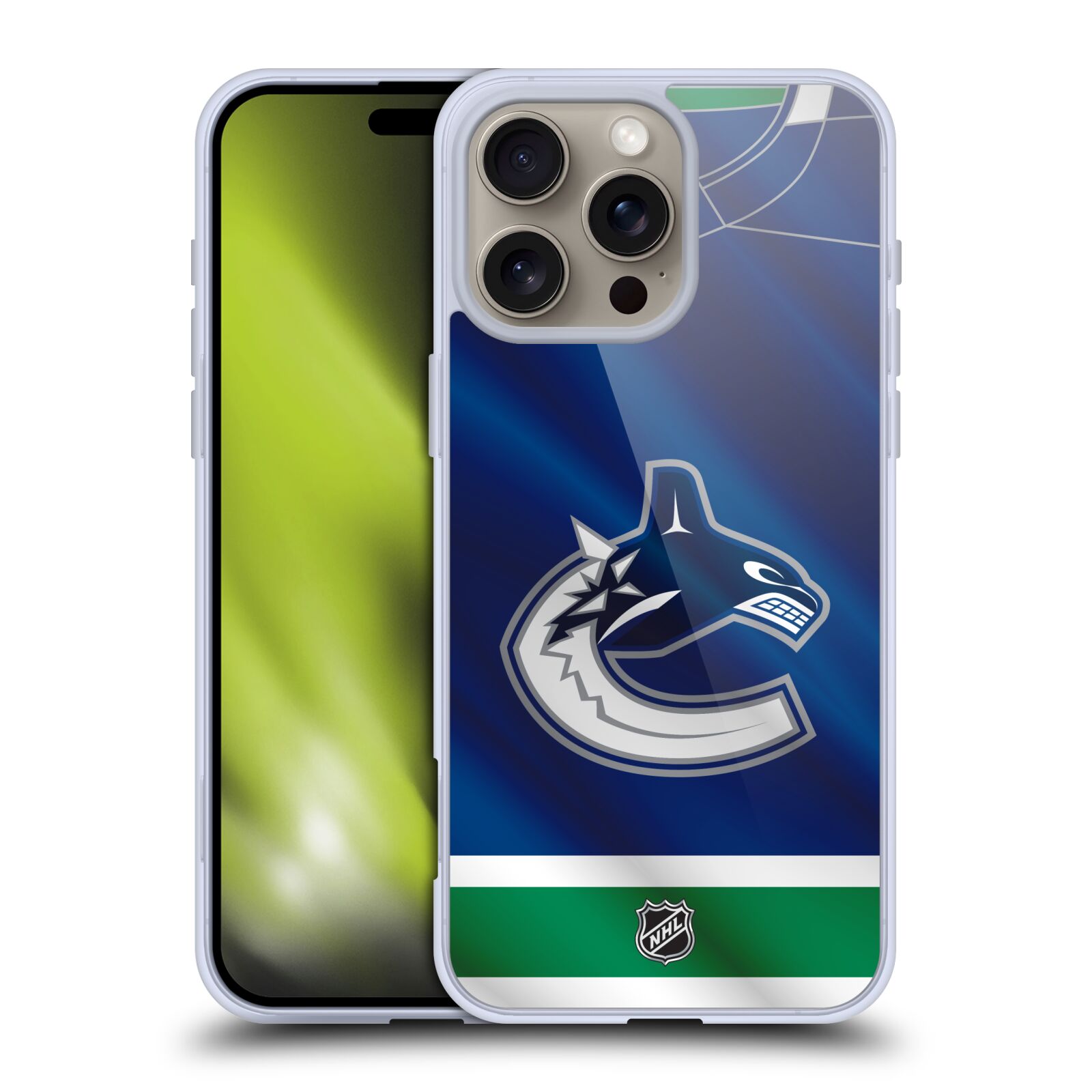 Silikonové lesklé pouzdro Apple iPhone 16 Pro Max - NHL - Dres Vancouver Canucks (Lesklý silikonový kryt, obal, pouzdro na mobilní telefon Apple iPhone 16 Pro Max s licencovaným motivem NHL - Dres Vancouver Canucks)