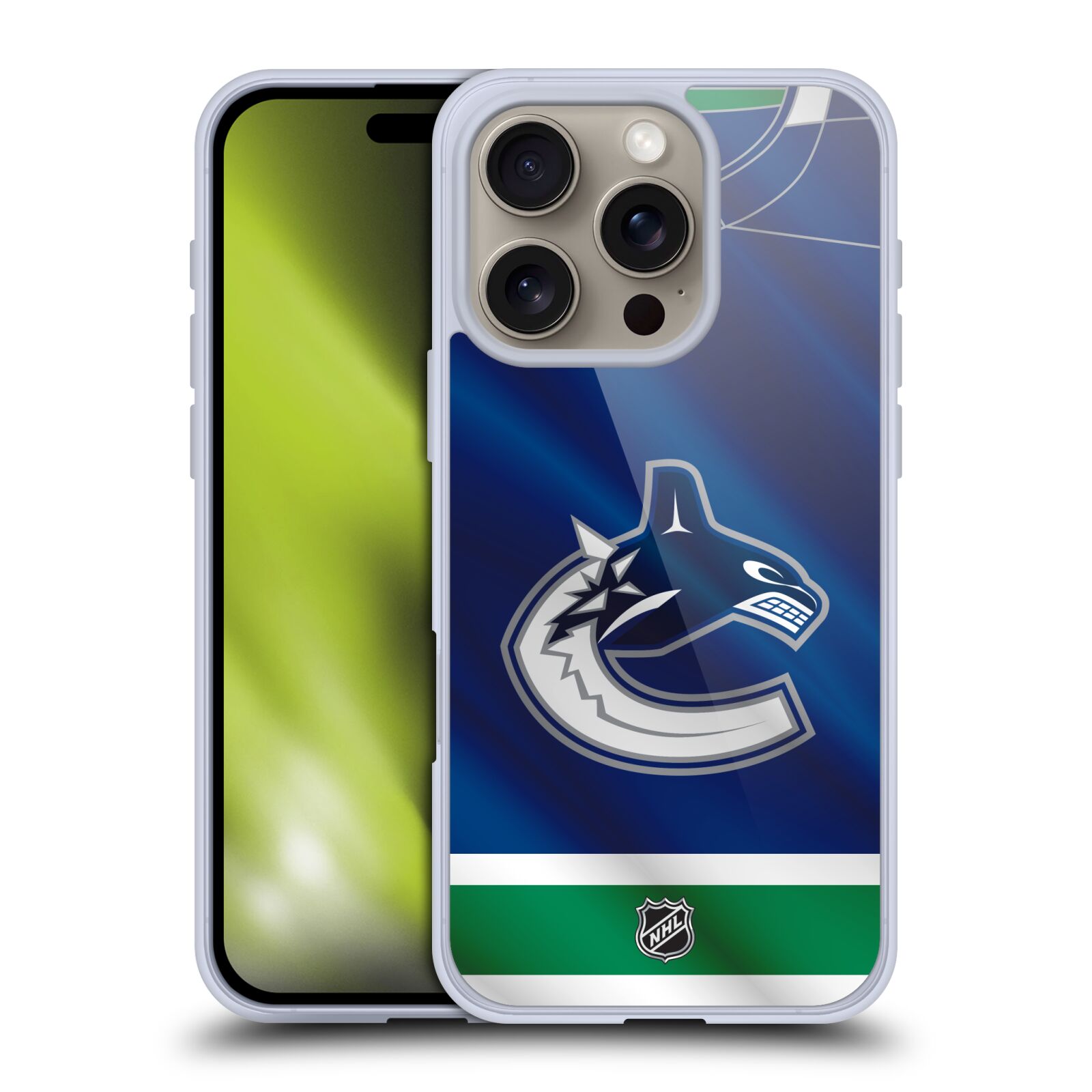 Silikonové lesklé pouzdro Apple iPhone 16 Pro - NHL - Dres Vancouver Canucks (Lesklý silikonový kryt, obal, pouzdro na mobilní telefon Apple iPhone 16 Pro s licencovaným motivem NHL - Dres Vancouver Canucks)