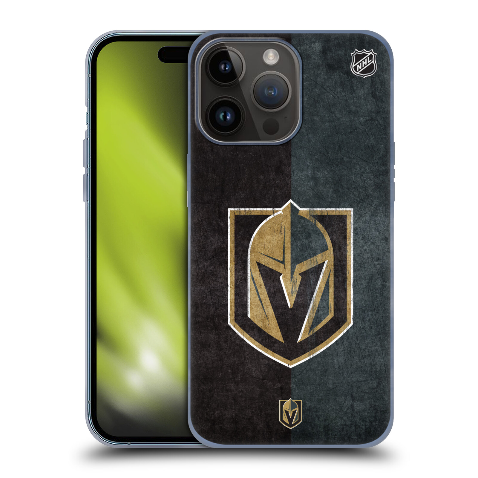 Silikonové lesklé pouzdro na mobil Apple iPhone 15 Pro Max - NHL - Půlené logo Vegas Golden Knights (Silikonový lesklý kryt, obal, pouzdro na mobilní telefon Apple iPhone 15 Pro Max s licencovaným motivem NHL - Půlené logo Vegas Golden Knights)