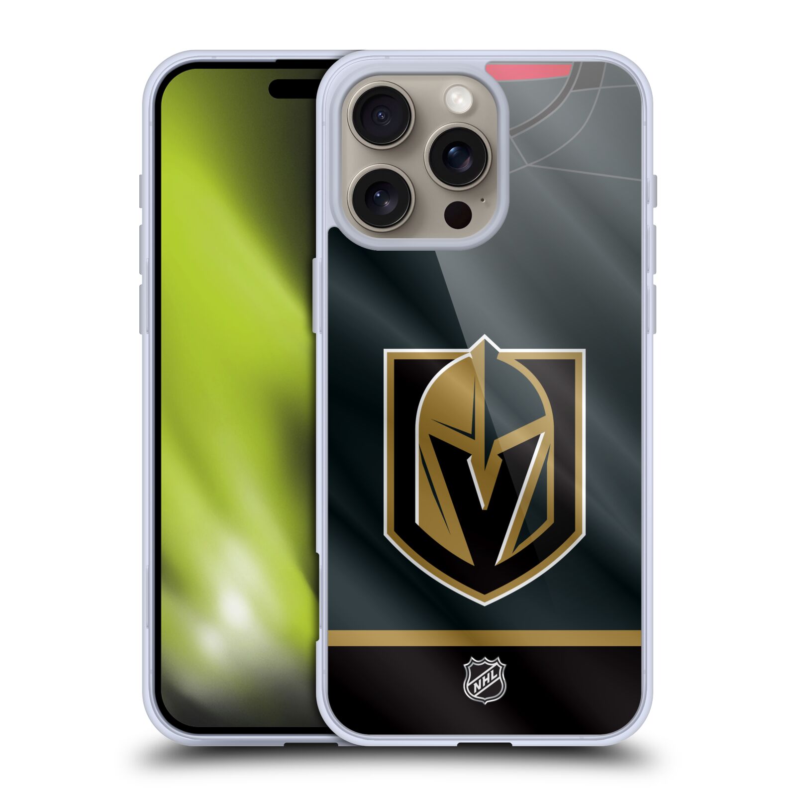 Silikonové lesklé pouzdro Apple iPhone 16 Pro Max - NHL - Dres Vegas Golden Knights (Lesklý silikonový kryt, obal, pouzdro na mobilní telefon Apple iPhone 16 Pro Max s licencovaným motivem NHL - Dres Vegas Golden Knights)