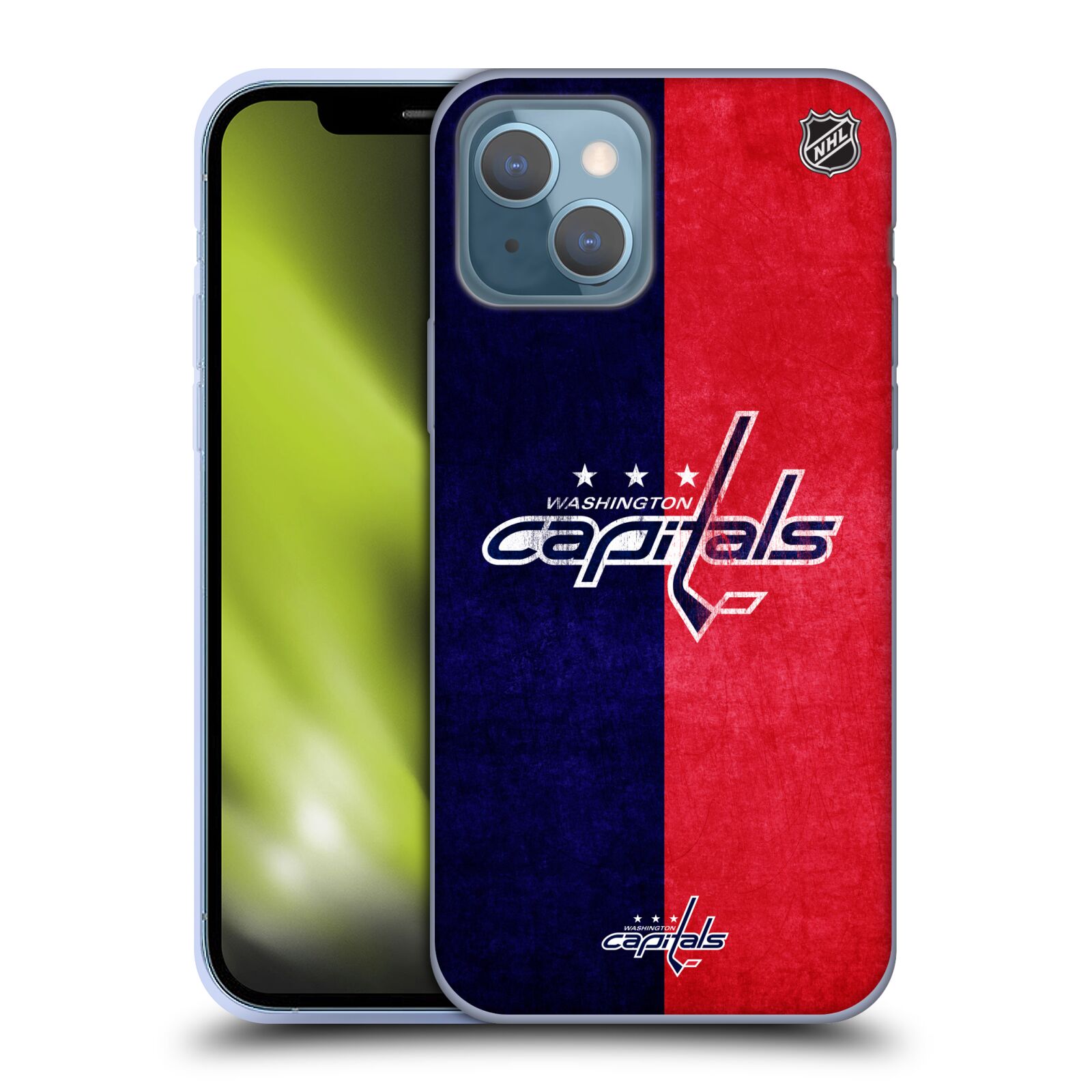 Silikonové pouzdro na mobil Apple iPhone 13 - NHL - Půlené logo Washington Capitals (Silikonový kryt, obal, pouzdro na mobilní telefon Apple iPhone 13 s licencovaným motivem NHL - Půlené logo Washington Capitals)