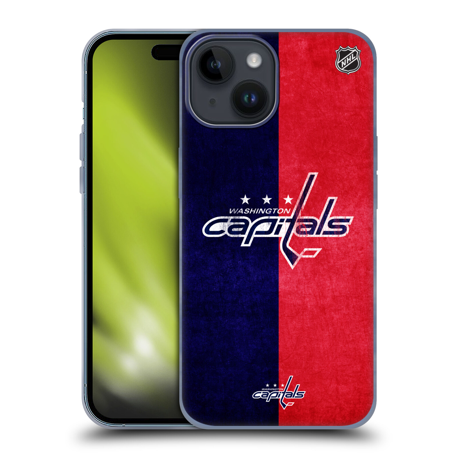 Silikonové lesklé pouzdro na mobil Apple iPhone 15 - NHL - Půlené logo Washington Capitals (Silikonový lesklý kryt, obal, pouzdro na mobilní telefon Apple iPhone 15 s licencovaným motivem NHL - Půlené logo Washington Capitals)