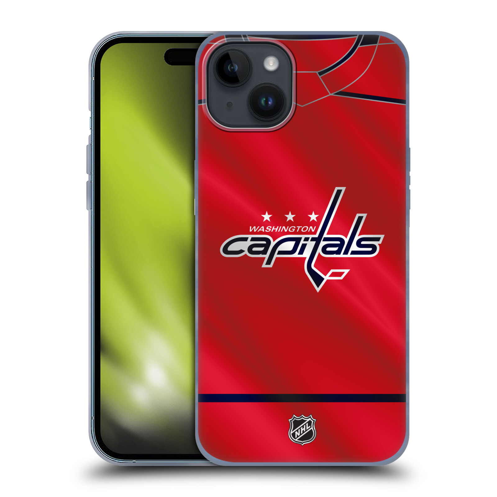 Silikonové lesklé pouzdro na mobil Apple iPhone 15 Plus - NHL - Dres Washington Capitals (Silikonový lesklý kryt, obal, pouzdro na mobilní telefon Apple iPhone 15 Plus s licencovaným motivem NHL - Dres Washington Capitals)