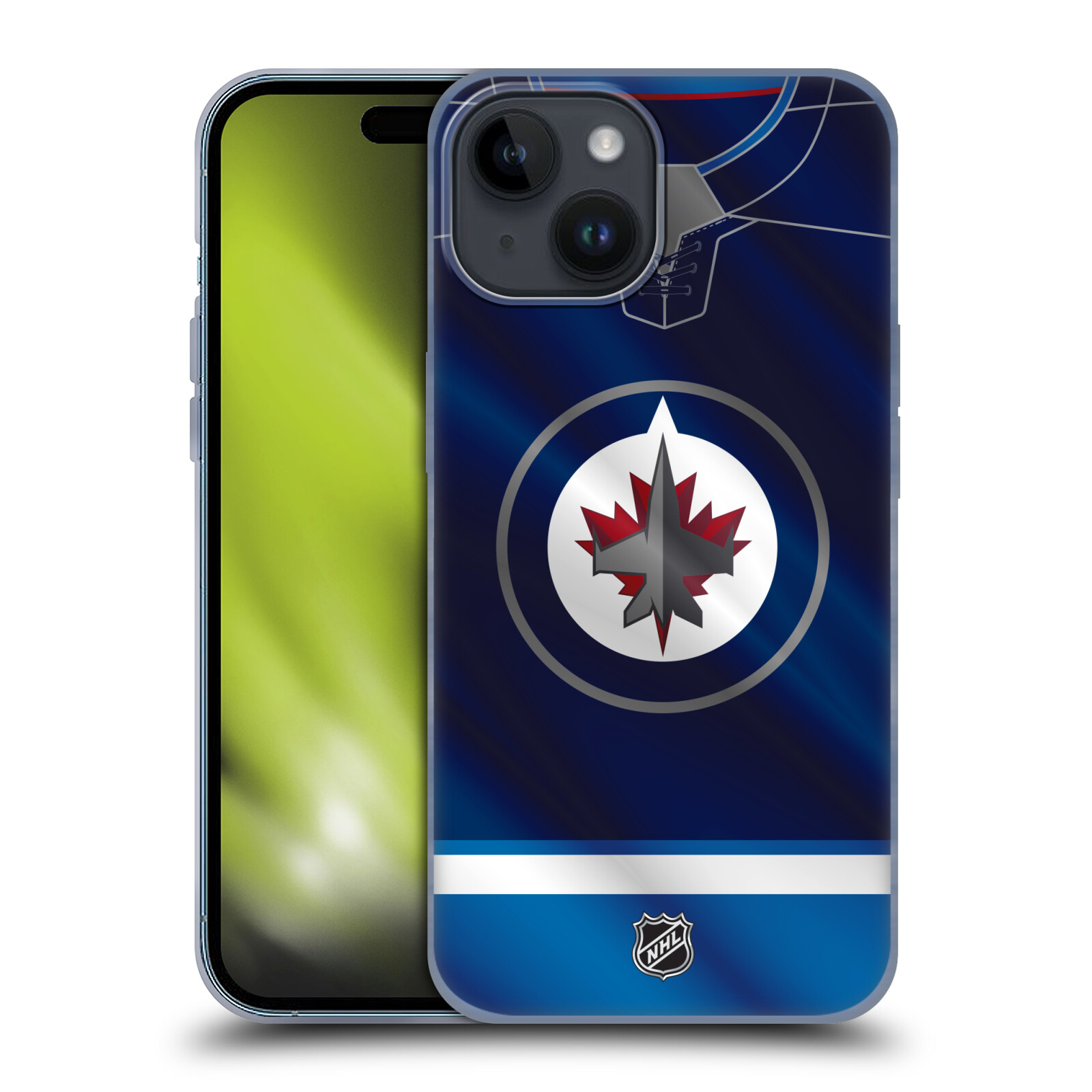 Silikonové lesklé pouzdro na mobil Apple iPhone 15 - NHL - Dres Winnipeg Jets (Silikonový lesklý kryt, obal, pouzdro na mobilní telefon Apple iPhone 15 s licencovaným motivem NHL - Dres Winnipeg Jets)