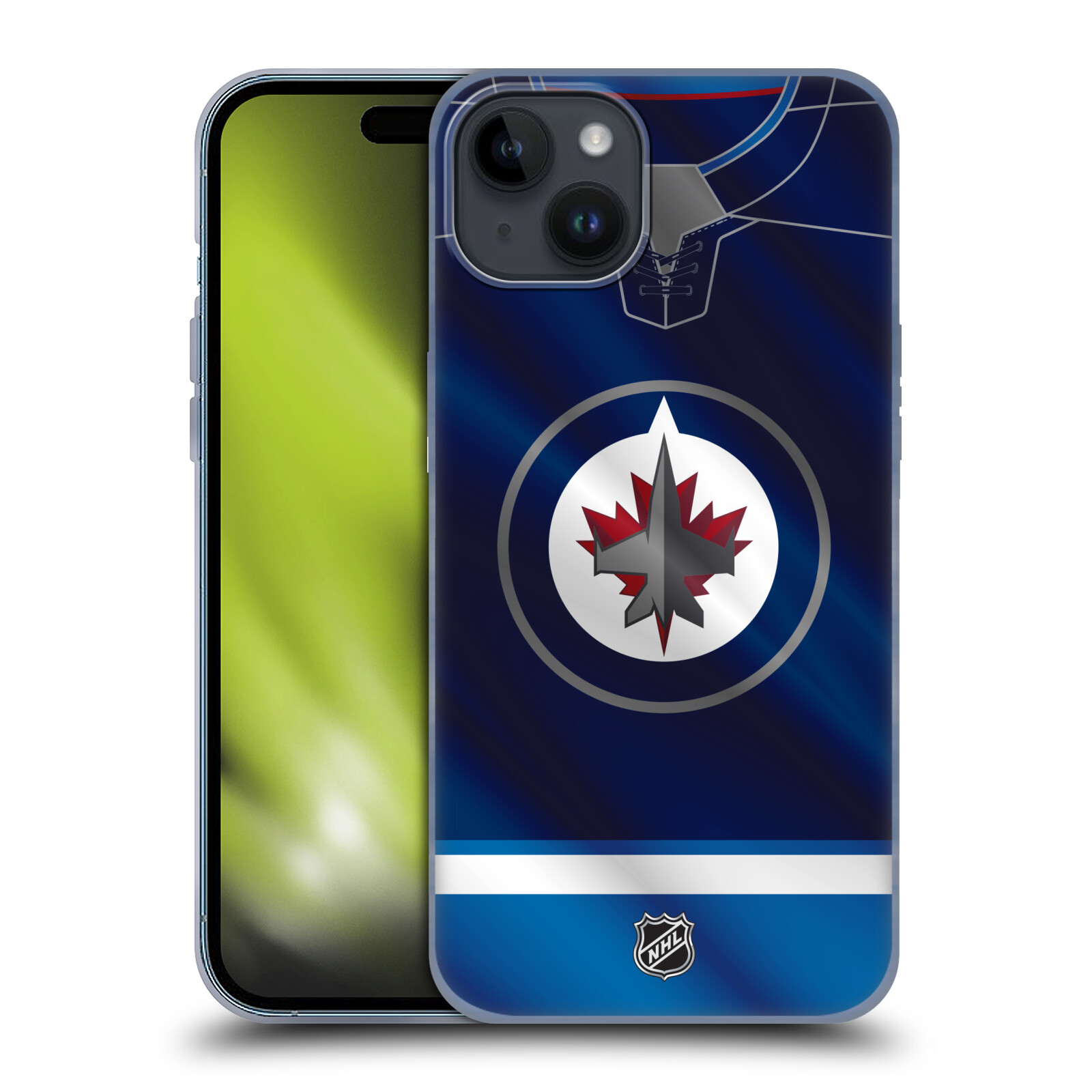 Silikonové lesklé pouzdro na mobil Apple iPhone 15 Plus - NHL - Dres Winnipeg Jets (Silikonový lesklý kryt, obal, pouzdro na mobilní telefon Apple iPhone 15 Plus s licencovaným motivem NHL - Dres Winnipeg Jets)