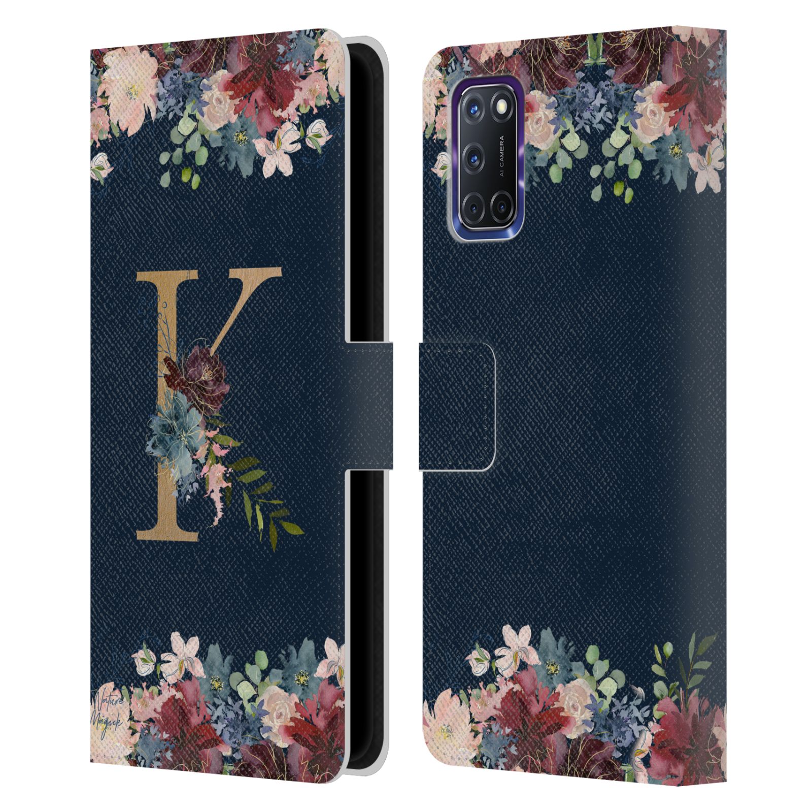 NATURE MAGICK FLORAL MONOGRAM GOLD NAVY LEATHER BOOK WALLET CASE FOR OPPO PHONES