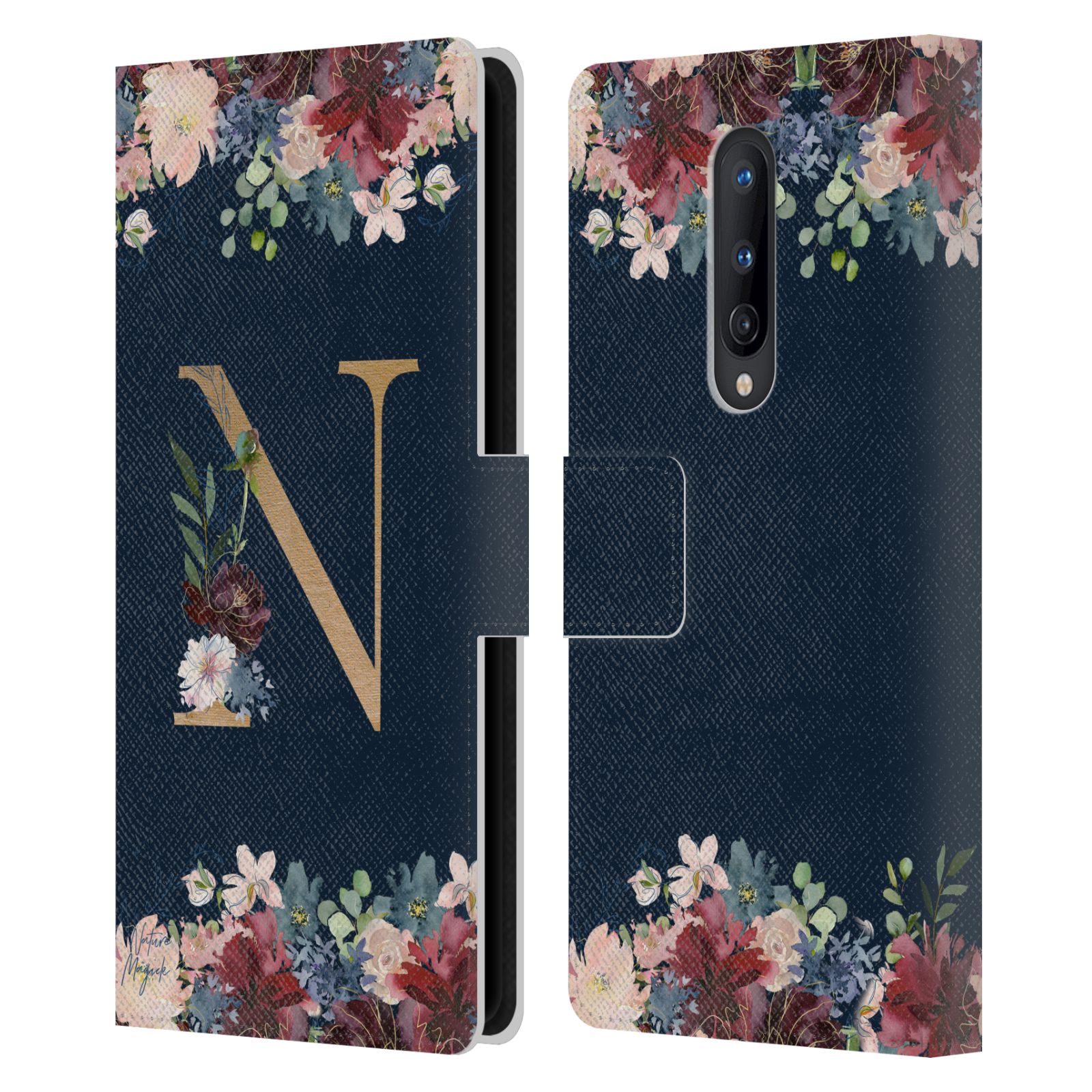 NATURE MAGICK FLORAL MONOGRAM GOLD NAVY 2 LEATHER BOOK CASE FOR ONEPLUS PHONES - Picture 7 of 18
