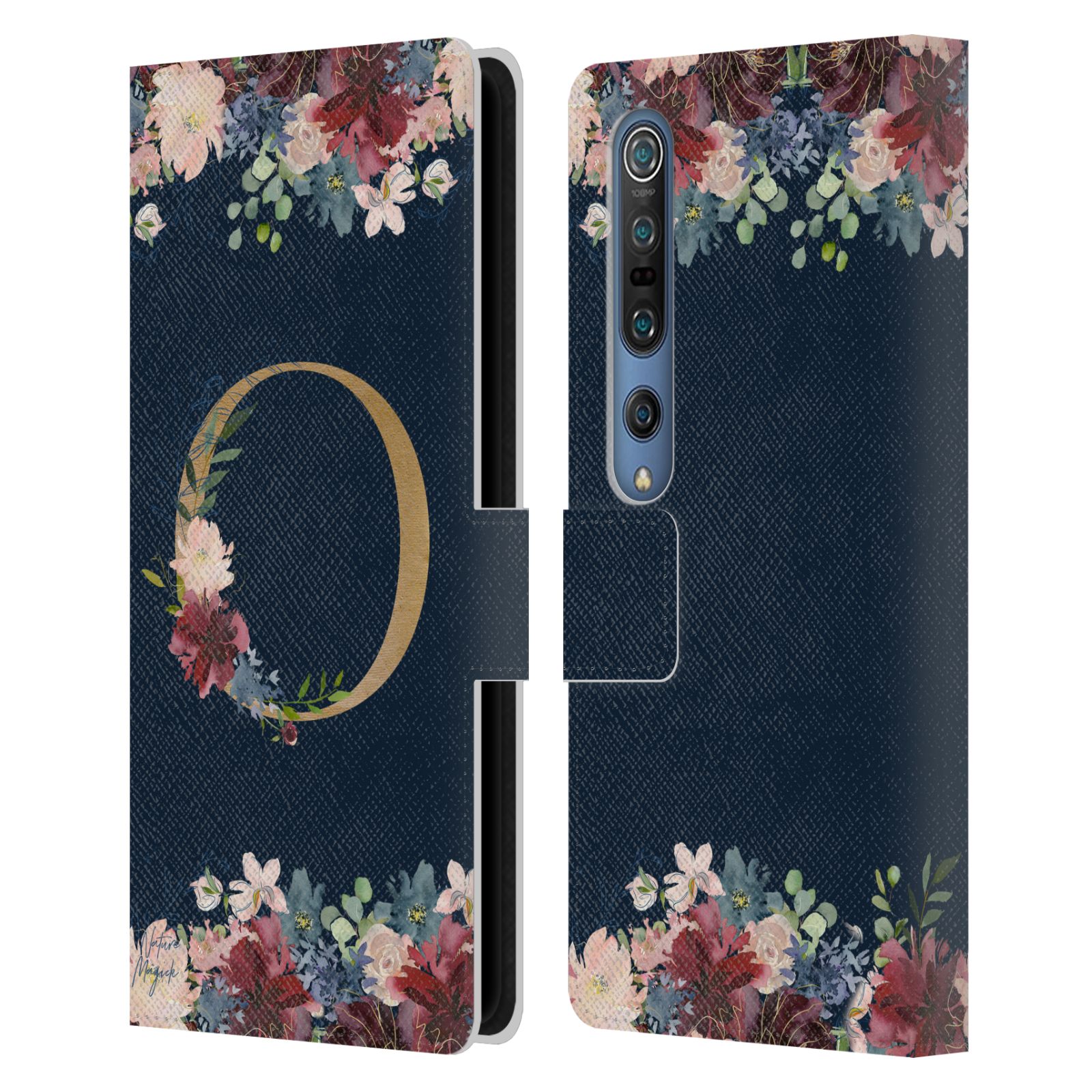 NATURE MAGICK FLORAL MONOGRAM GOLD NAVY 2 LEATHER BOOK CASE FOR XIAOMI PHONES - Picture 8 of 18
