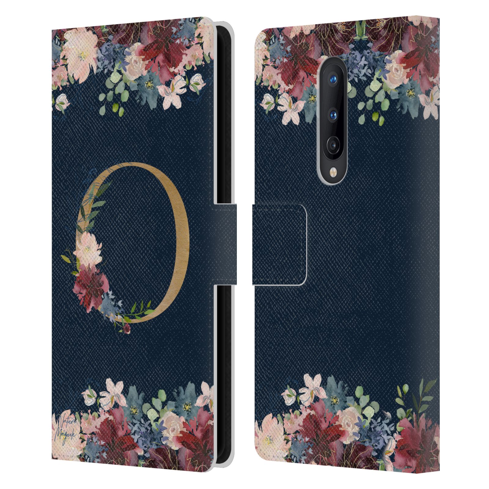 NATURE MAGICK FLORAL MONOGRAM GOLD NAVY 2 LEATHER BOOK CASE FOR ONEPLUS PHONES - Picture 8 of 18