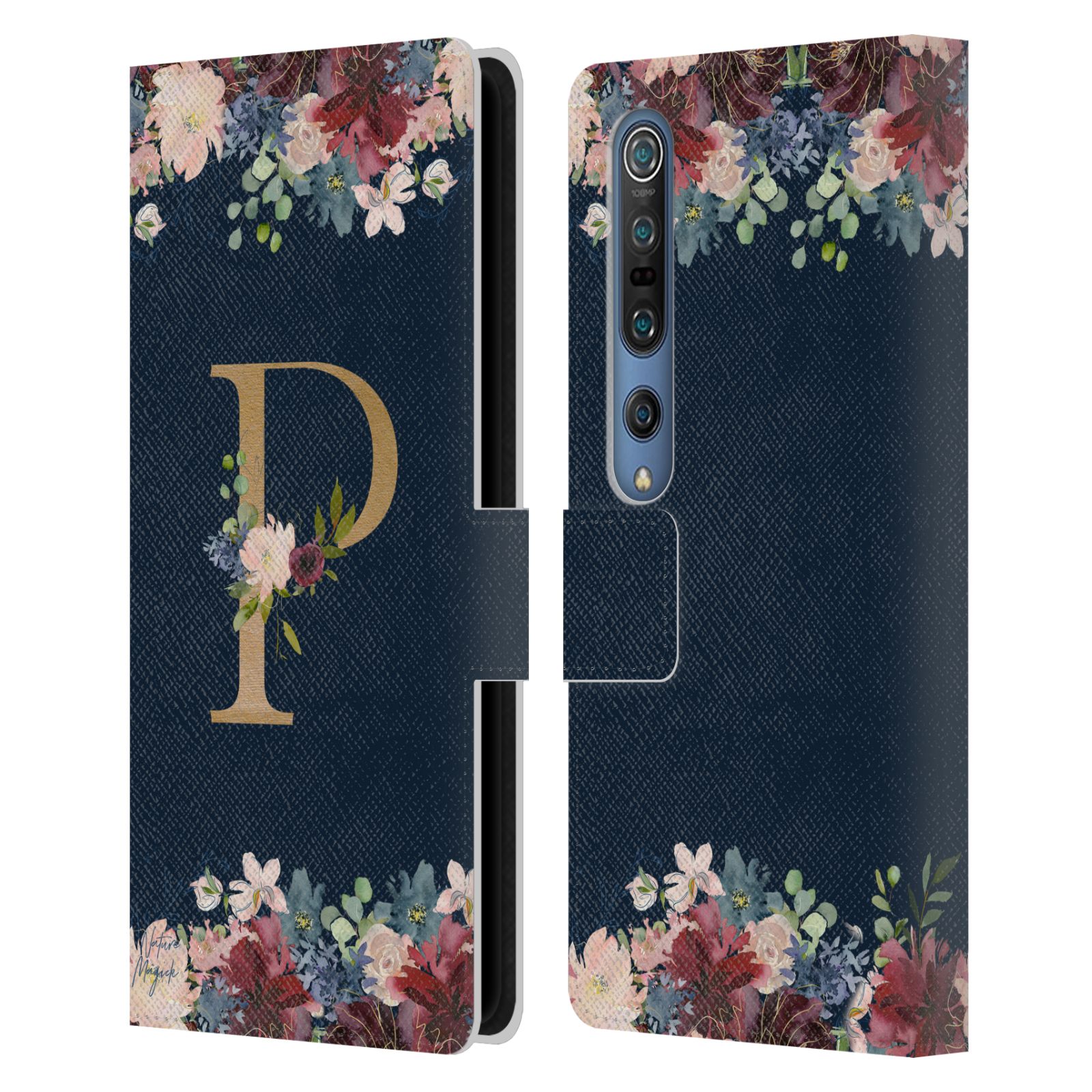 NATURE MAGICK FLORAL MONOGRAM GOLD NAVY 2 LEATHER BOOK CASE FOR XIAOMI PHONES - Picture 9 of 18