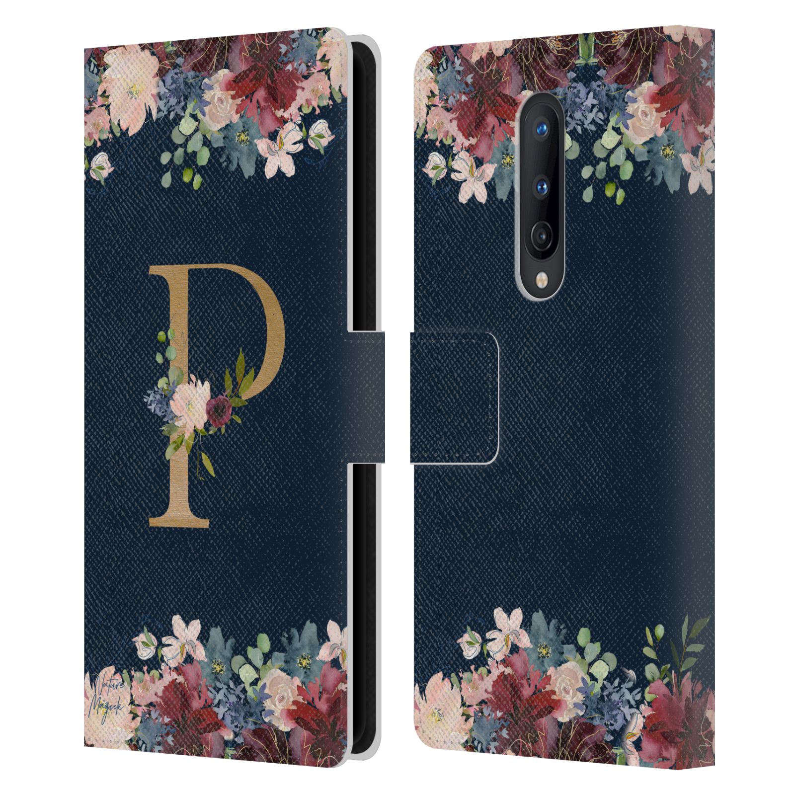 NATURE MAGICK FLORAL MONOGRAM GOLD NAVY 2 LEATHER BOOK CASE FOR ONEPLUS PHONES - Picture 9 of 18