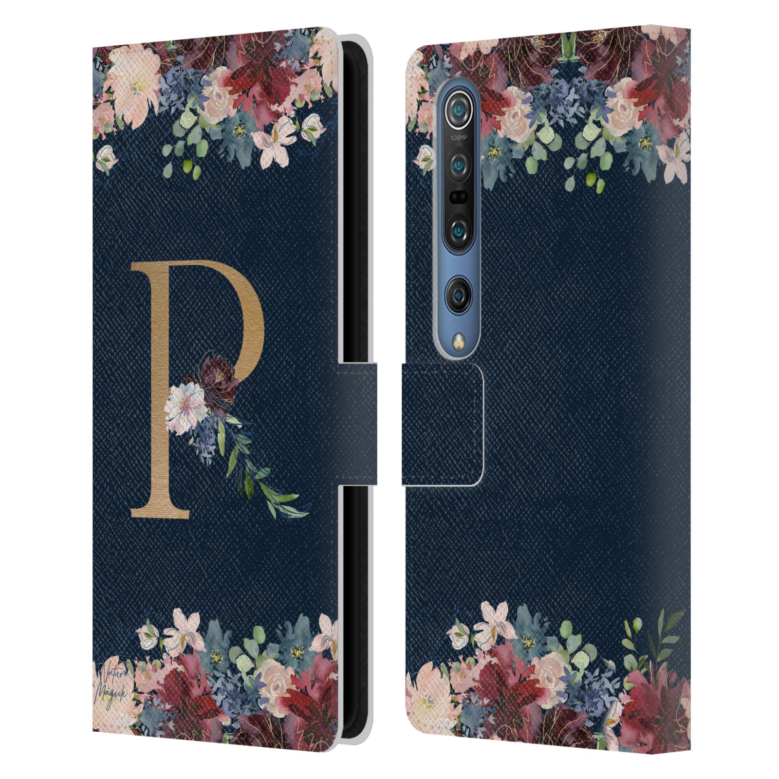 NATURE MAGICK FLORAL MONOGRAM GOLD NAVY 2 LEATHER BOOK CASE FOR XIAOMI PHONES - Picture 10 of 18