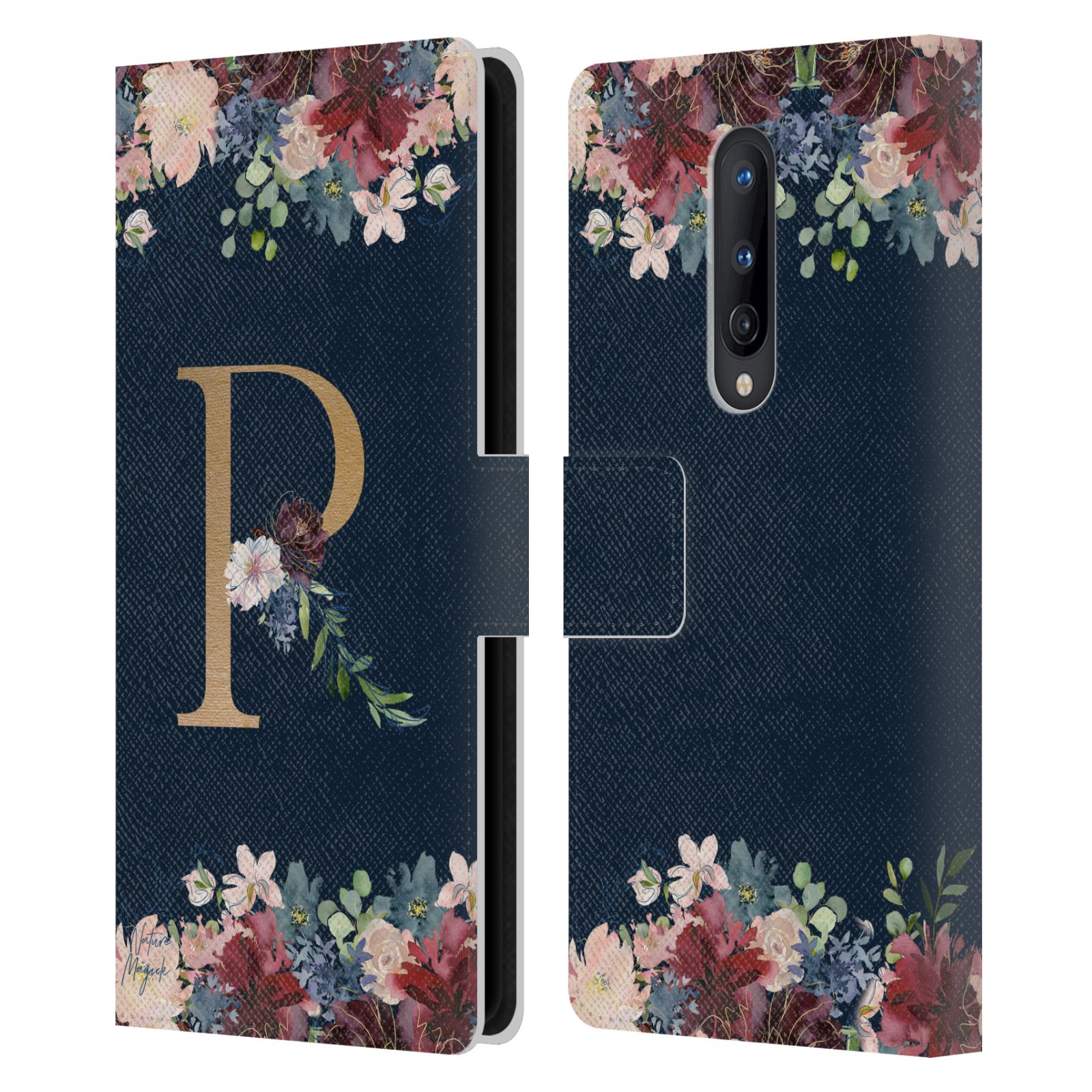 NATURE MAGICK FLORAL MONOGRAM GOLD NAVY 2 LEATHER BOOK CASE FOR ONEPLUS PHONES - Picture 10 of 18