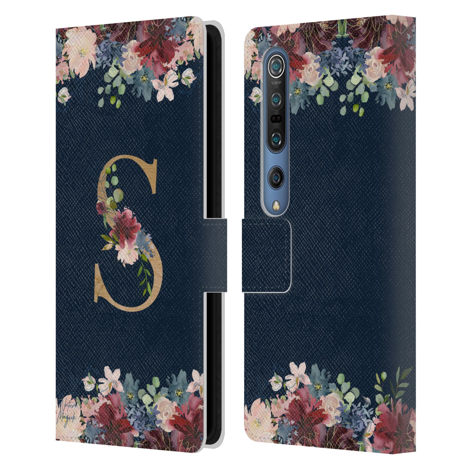 NATURE MAGICK FLORAL MONOGRAM GOLD NAVY 2 LEATHER BOOK CASE FOR XIAOMI PHONES - Picture 11 of 18