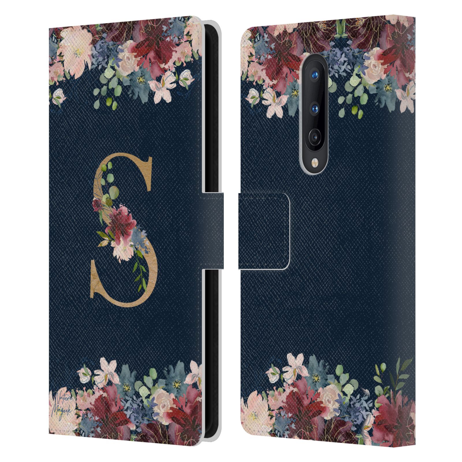NATURE MAGICK FLORAL MONOGRAM GOLD NAVY 2 LEATHER BOOK CASE FOR ONEPLUS PHONES - Picture 11 of 18