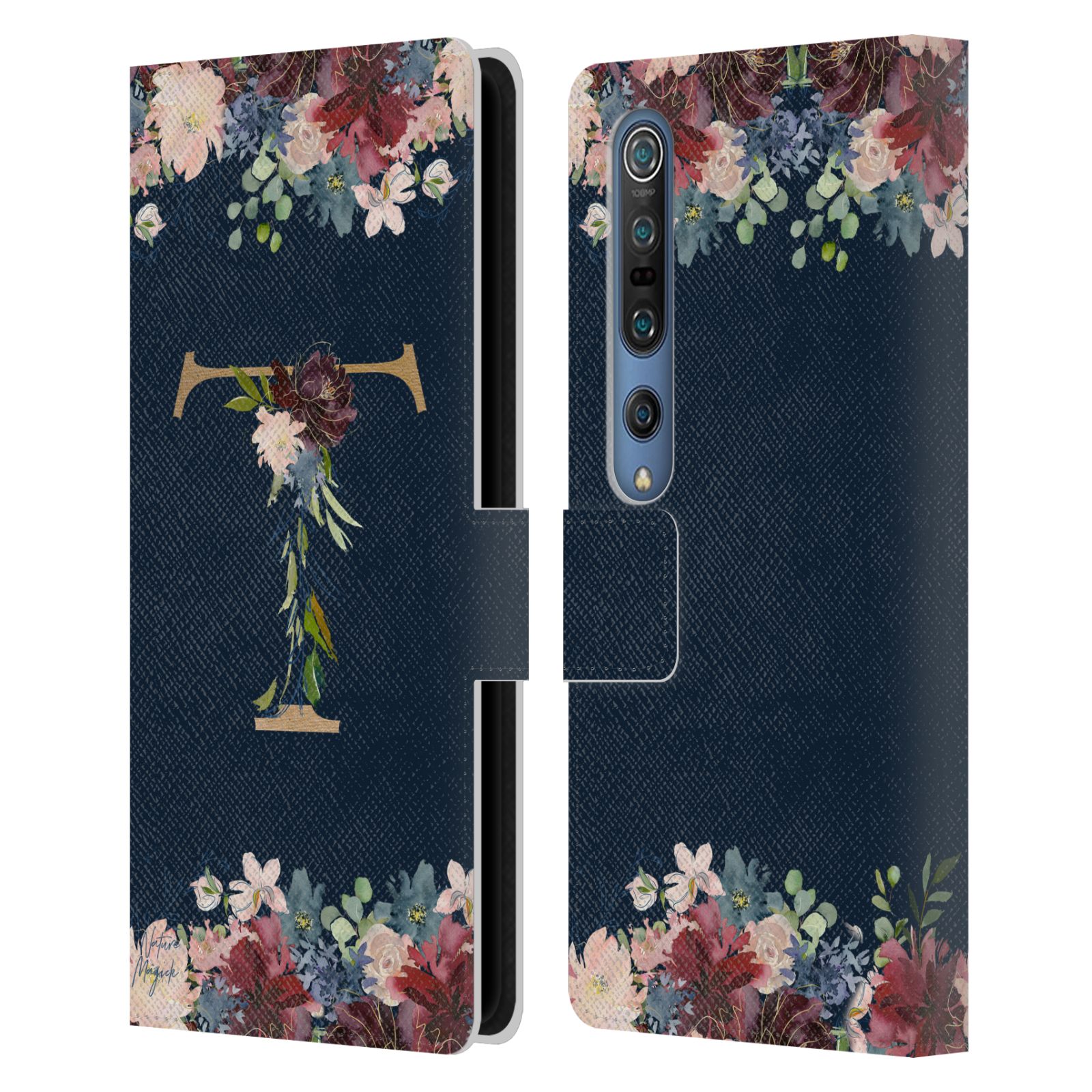NATURE MAGICK FLORAL MONOGRAM GOLD NAVY 2 LEATHER BOOK CASE FOR XIAOMI PHONES - Picture 12 of 18