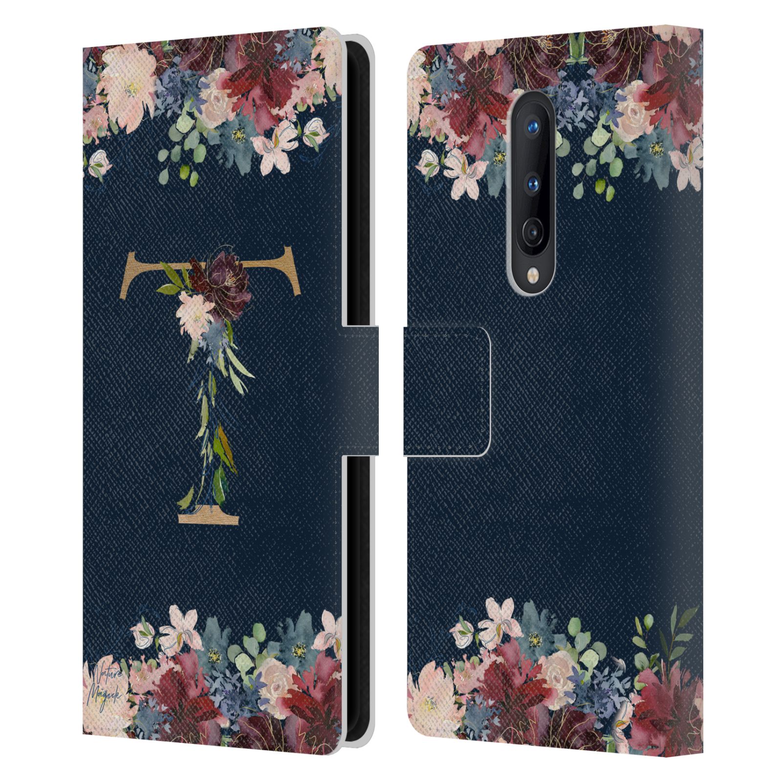 NATURE MAGICK FLORAL MONOGRAM GOLD NAVY 2 LEATHER BOOK CASE FOR ONEPLUS PHONES - Picture 12 of 18