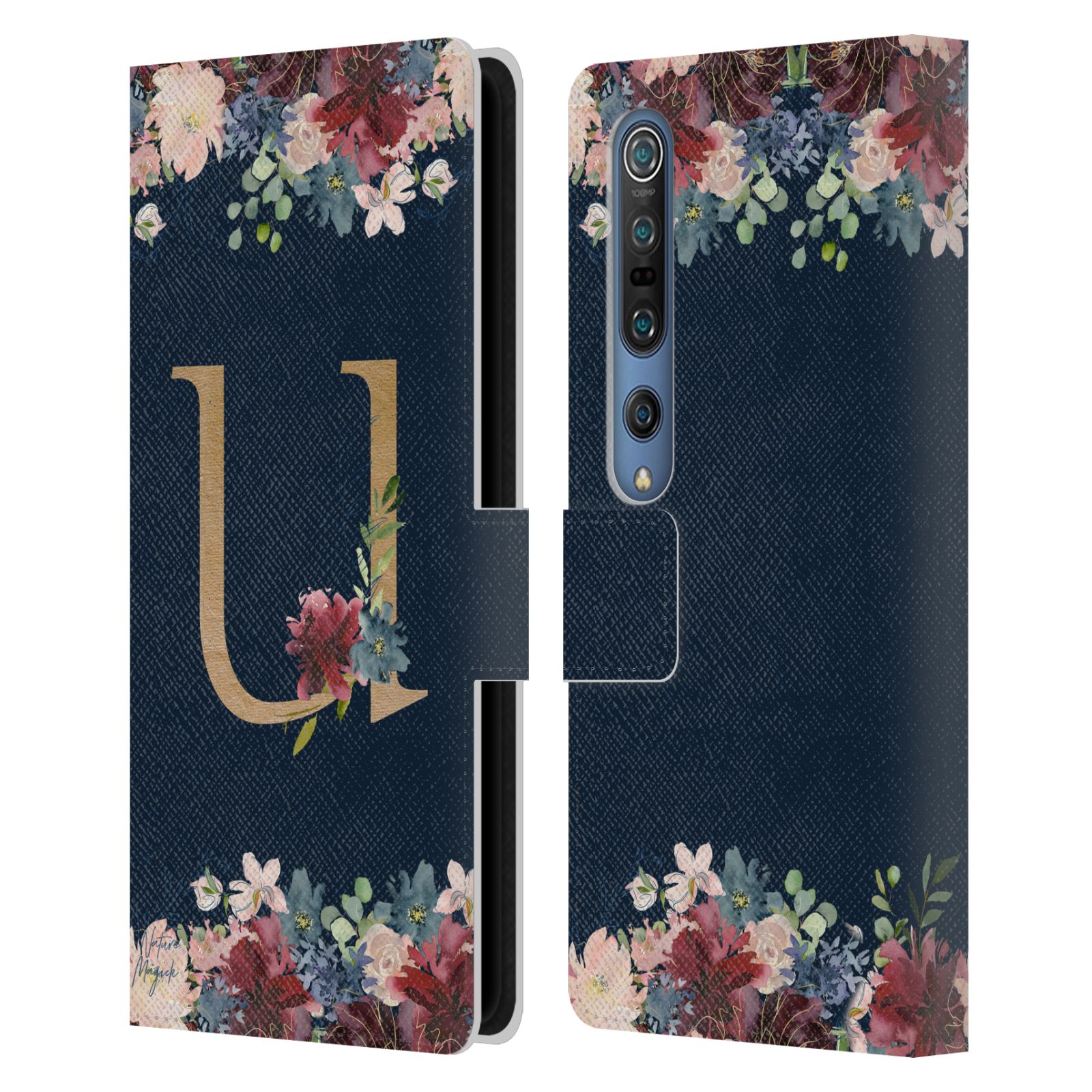 NATURE MAGICK FLORAL MONOGRAM GOLD NAVY 2 LEATHER BOOK CASE FOR XIAOMI PHONES - Picture 13 of 18