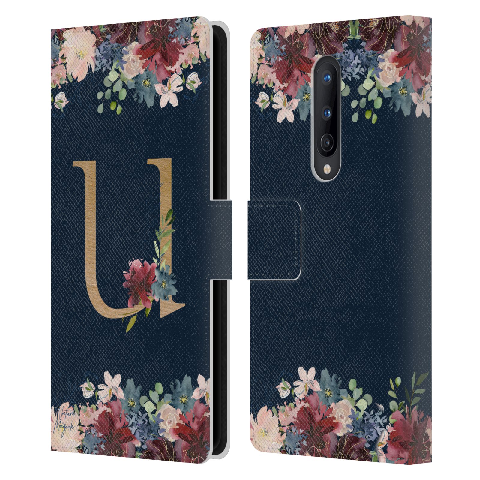 NATURE MAGICK FLORAL MONOGRAM GOLD NAVY 2 LEATHER BOOK CASE FOR ONEPLUS PHONES - Picture 13 of 18