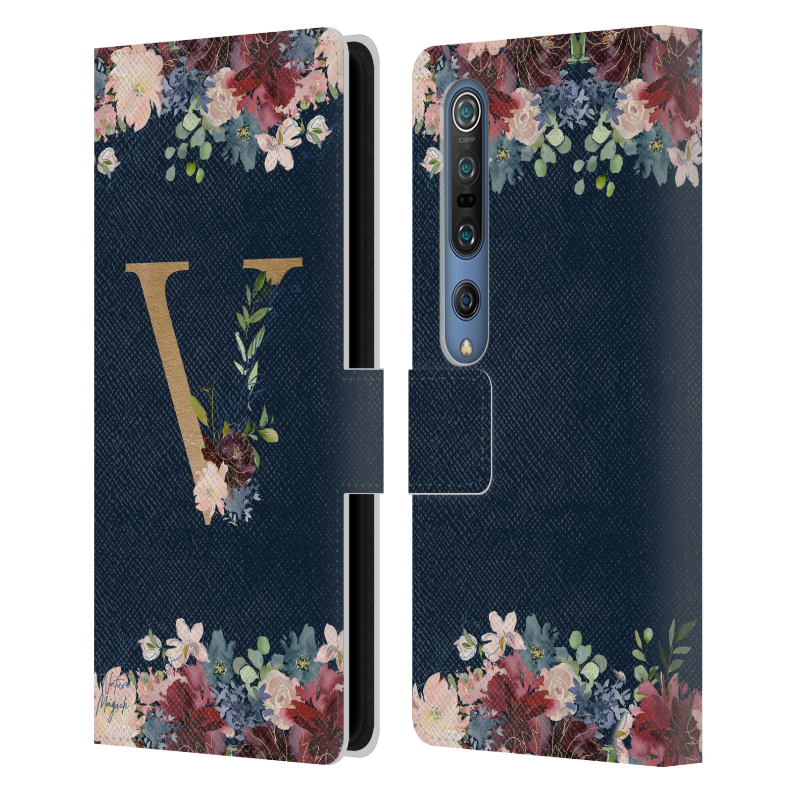 NATURE MAGICK FLORAL MONOGRAM GOLD NAVY 2 LEATHER BOOK CASE FOR XIAOMI PHONES - Picture 14 of 18