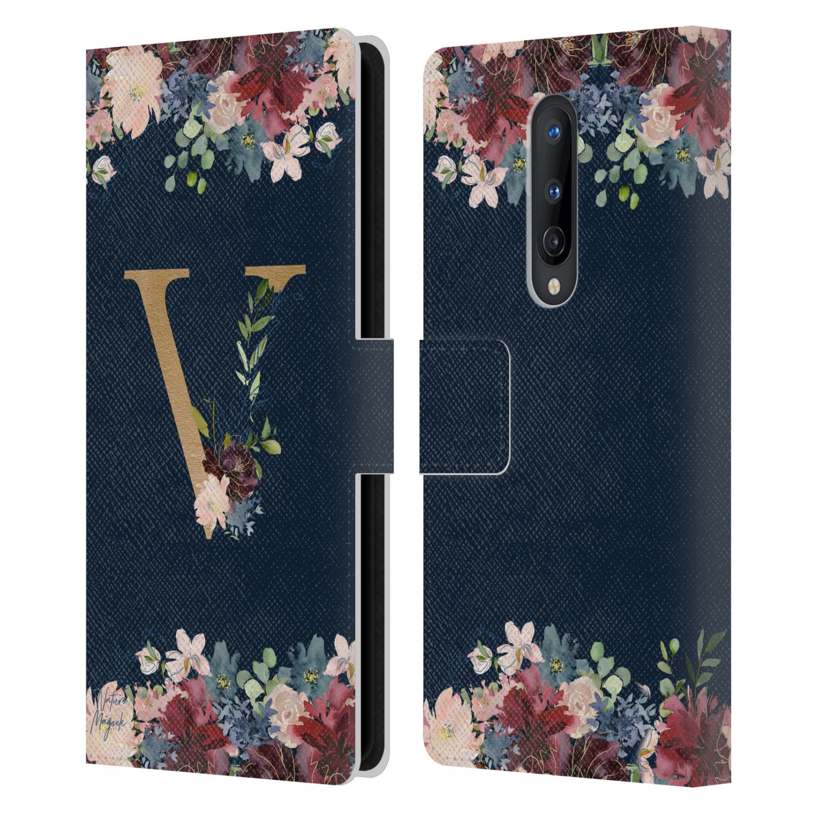 NATURE MAGICK FLORAL MONOGRAM GOLD NAVY 2 LEATHER BOOK CASE FOR ONEPLUS PHONES - Picture 14 of 18