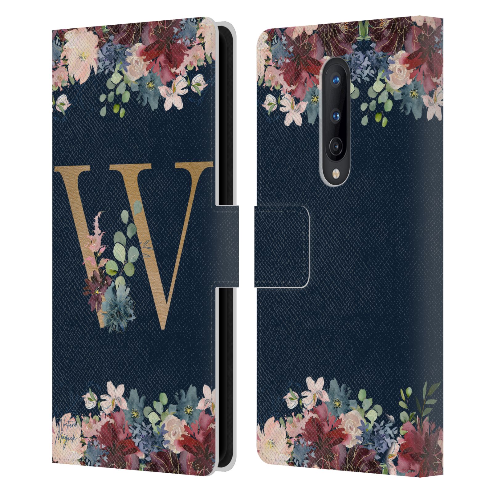 NATURE MAGICK FLORAL MONOGRAM GOLD NAVY 2 LEATHER BOOK CASE FOR ONEPLUS PHONES - Picture 15 of 18