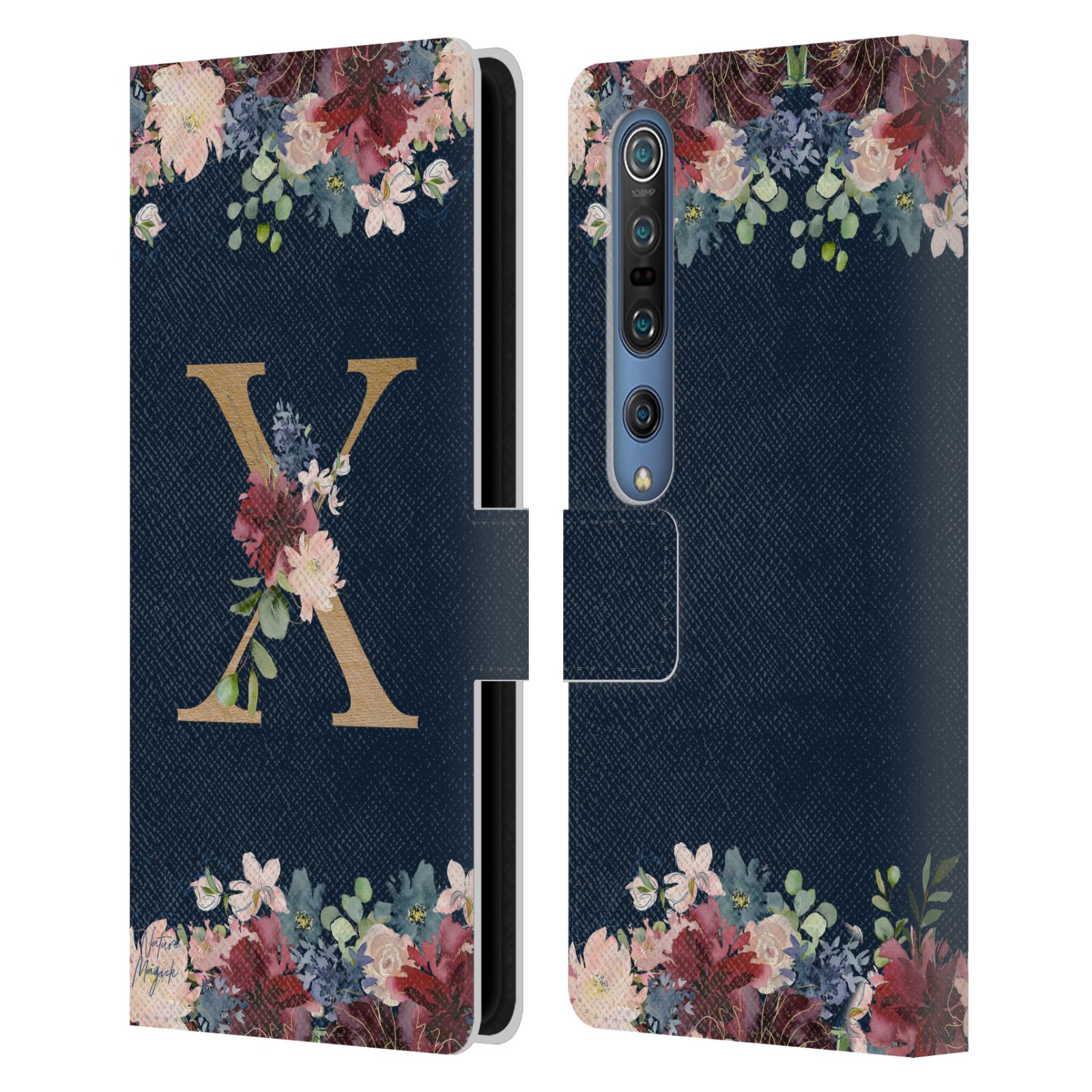 NATURE MAGICK FLORAL MONOGRAM GOLD NAVY 2 LEATHER BOOK CASE FOR XIAOMI PHONES - Picture 16 of 18