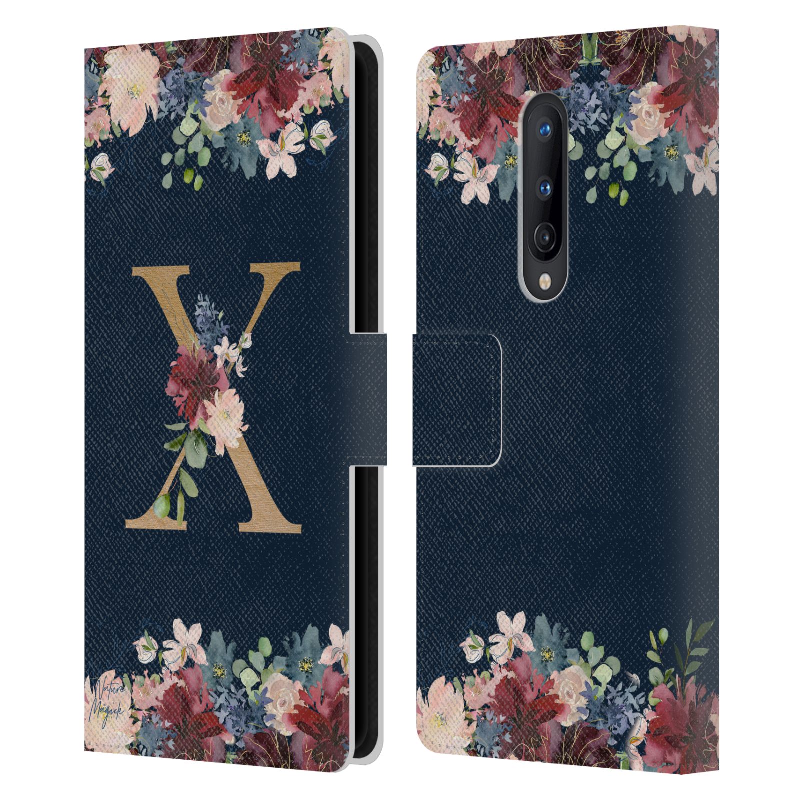 NATURE MAGICK FLORAL MONOGRAM GOLD NAVY 2 LEATHER BOOK CASE FOR ONEPLUS PHONES - Picture 16 of 18