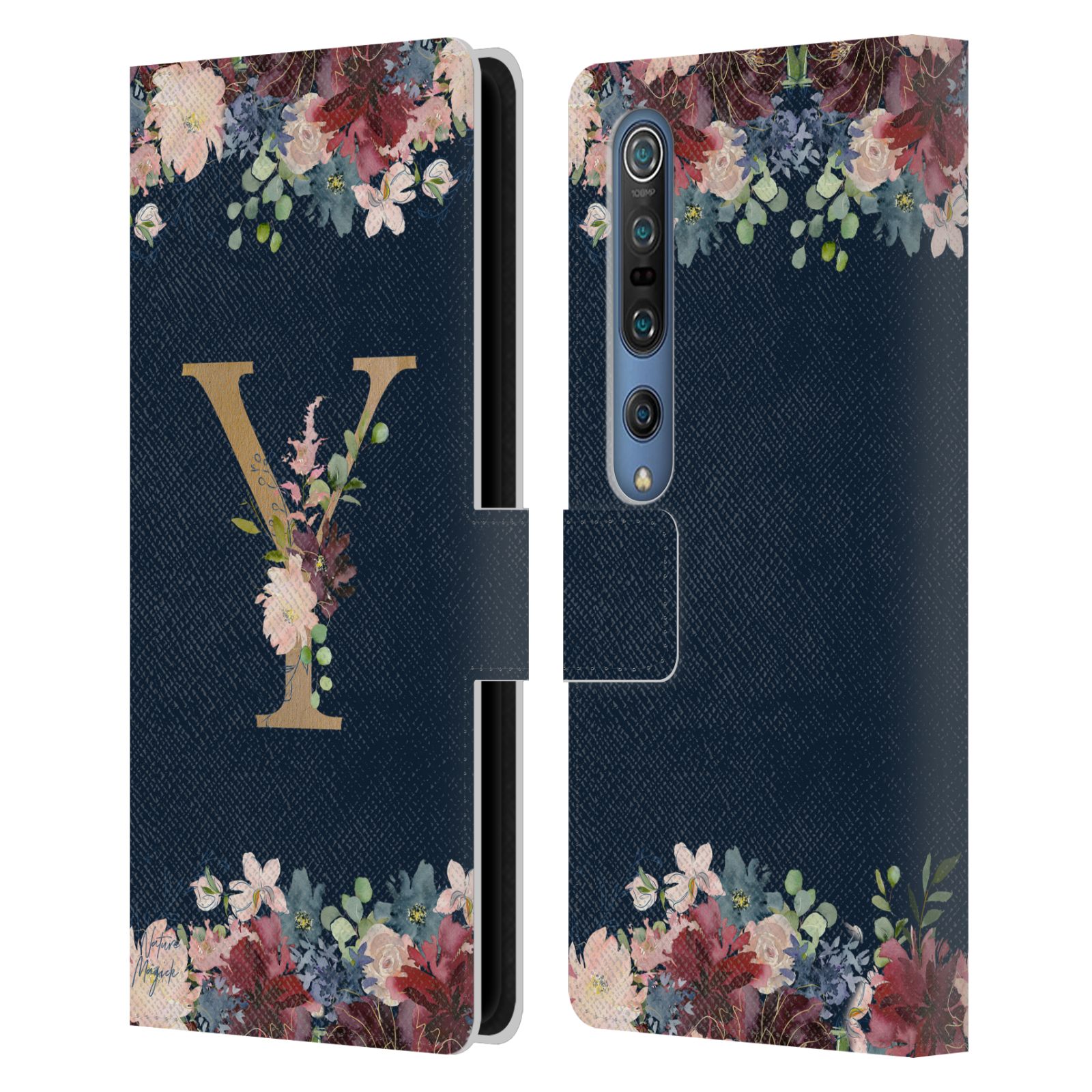 NATURE MAGICK FLORAL MONOGRAM GOLD NAVY 2 LEATHER BOOK CASE FOR XIAOMI PHONES - Picture 17 of 18