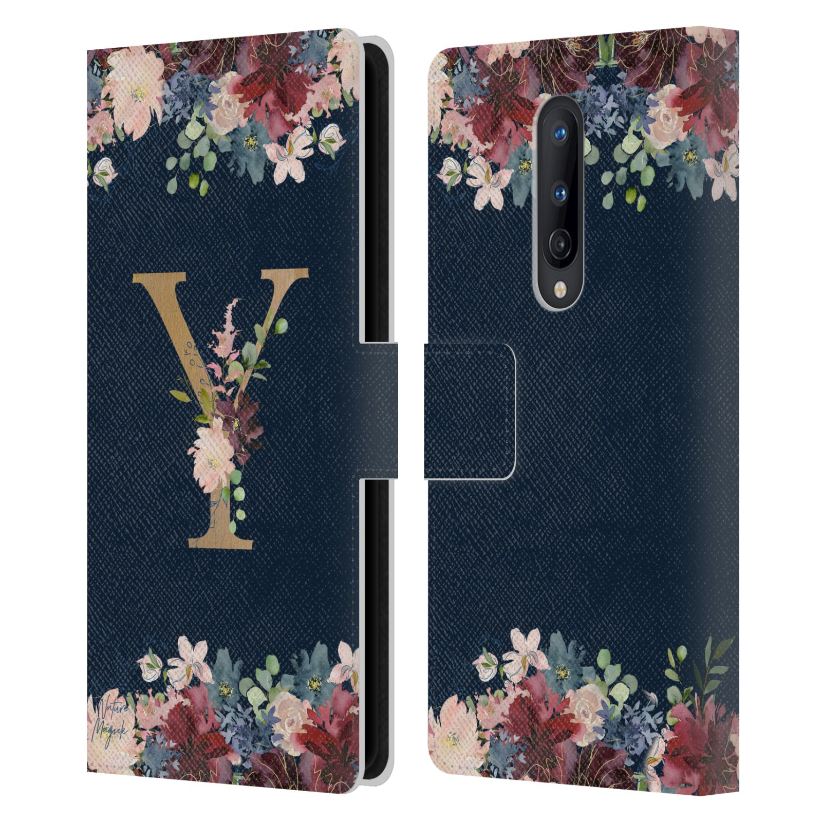 NATURE MAGICK FLORAL MONOGRAM GOLD NAVY 2 LEATHER BOOK CASE FOR ONEPLUS PHONES - Picture 17 of 18