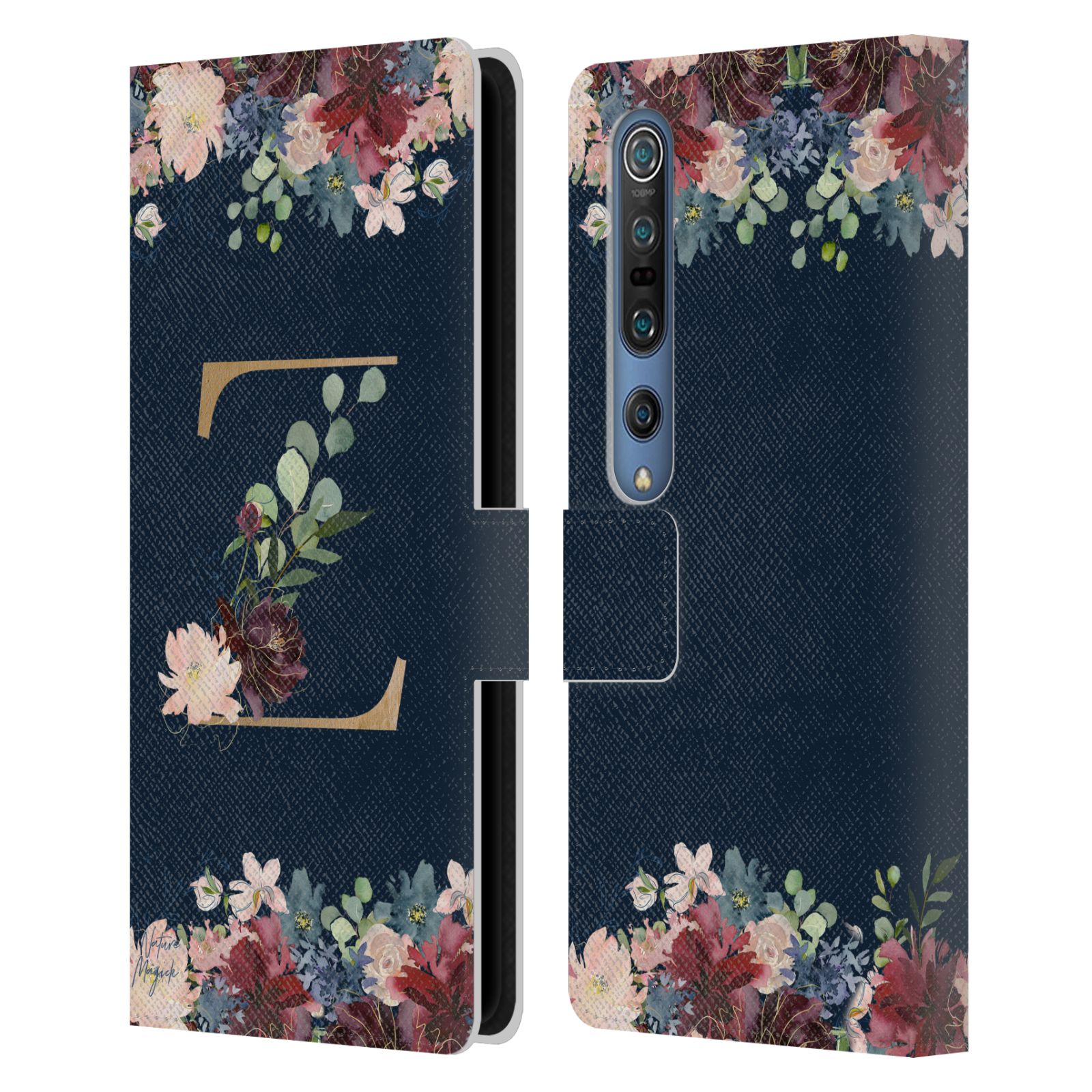 NATURE MAGICK FLORAL MONOGRAM GOLD NAVY 2 LEATHER BOOK CASE FOR XIAOMI PHONES - Picture 18 of 18