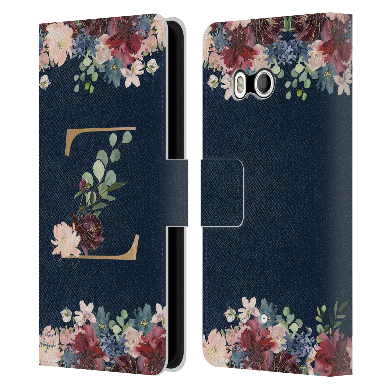 NATURE MAGICK FLORAL MONOGRAM GOLD NAVY 2 LEATHER BOOK CASE FOR HTC PHONES 1 - Picture 7 of 7