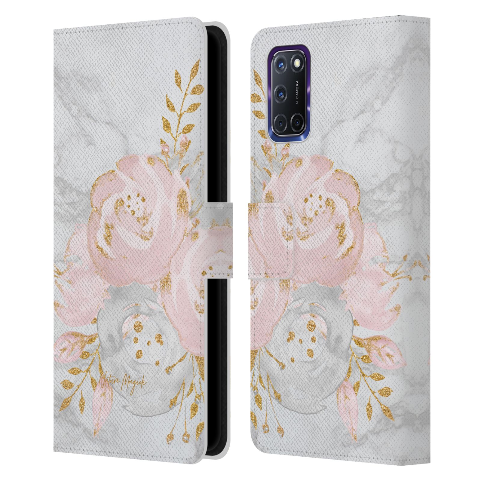 NATURE MAGICK PINK GLITTER FLOWERS ON MARBLE LEATHER BOOK CASE FOR OPPO PHONES - Picture 9 of 13