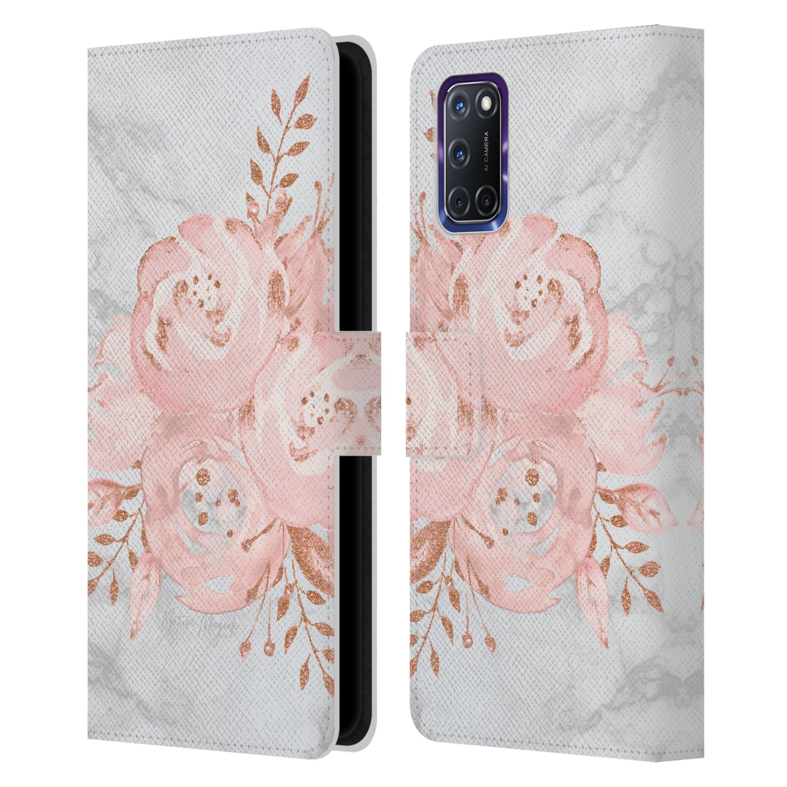 NATURE MAGICK PINK GLITTER FLOWERS ON MARBLE LEATHER BOOK CASE FOR OPPO PHONES - Picture 7 of 13