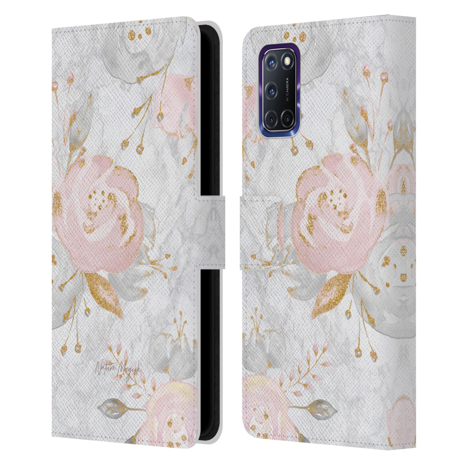 NATURE MAGICK PINK GLITTER FLOWERS ON MARBLE LEATHER BOOK CASE FOR OPPO PHONES - Picture 8 of 13