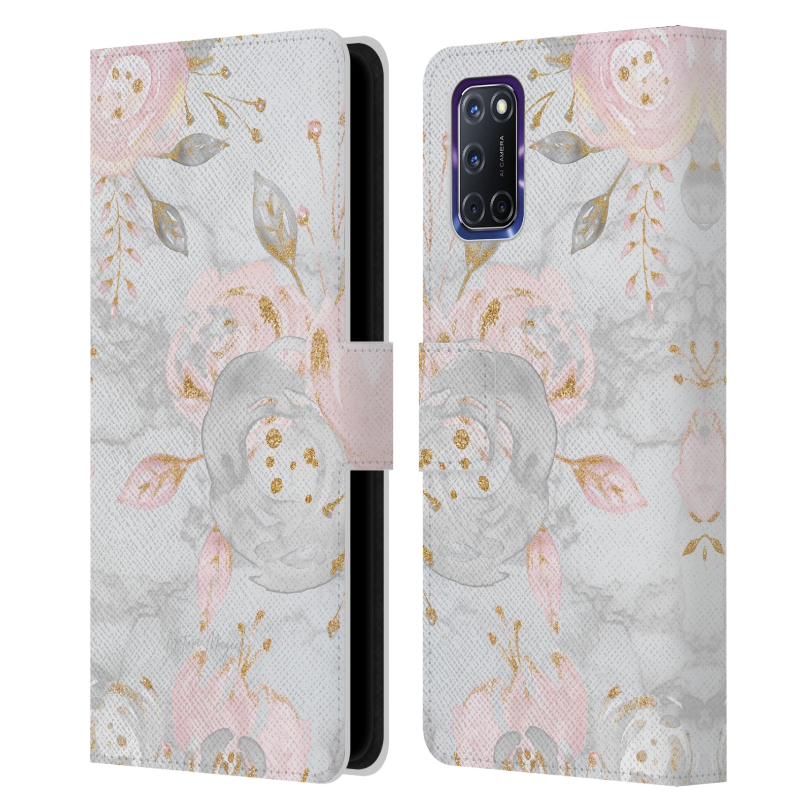 NATURE MAGICK PINK GLITTER FLOWERS ON MARBLE LEATHER BOOK CASE FOR OPPO PHONES - Picture 10 of 13