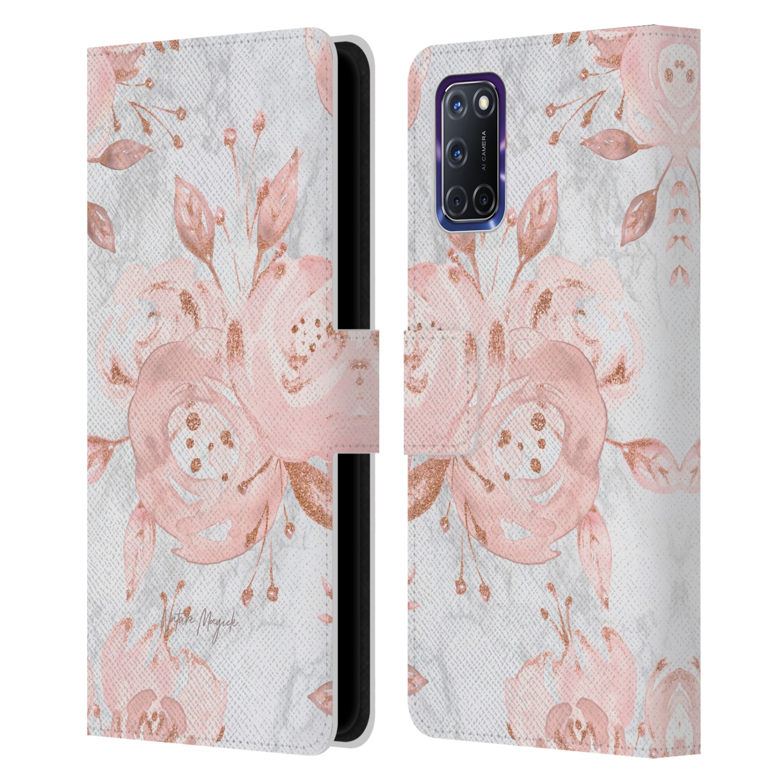 NATURE MAGICK PINK GLITTER FLOWERS ON MARBLE LEATHER BOOK CASE FOR OPPO PHONES - Picture 12 of 13