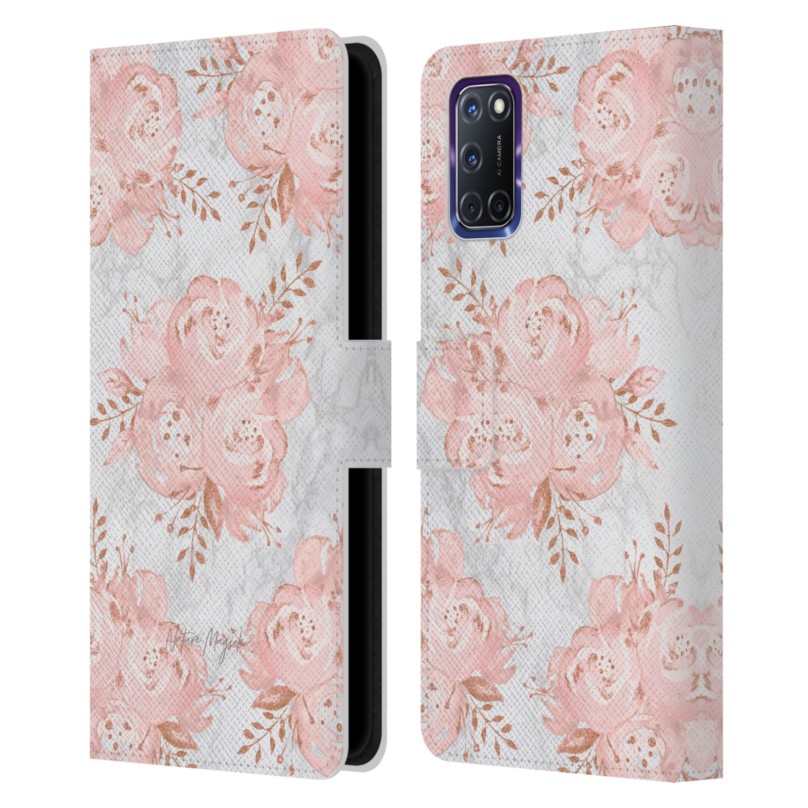NATURE MAGICK PINK GLITTER FLOWERS ON MARBLE LEATHER BOOK CASE FOR OPPO PHONES - Picture 13 of 13
