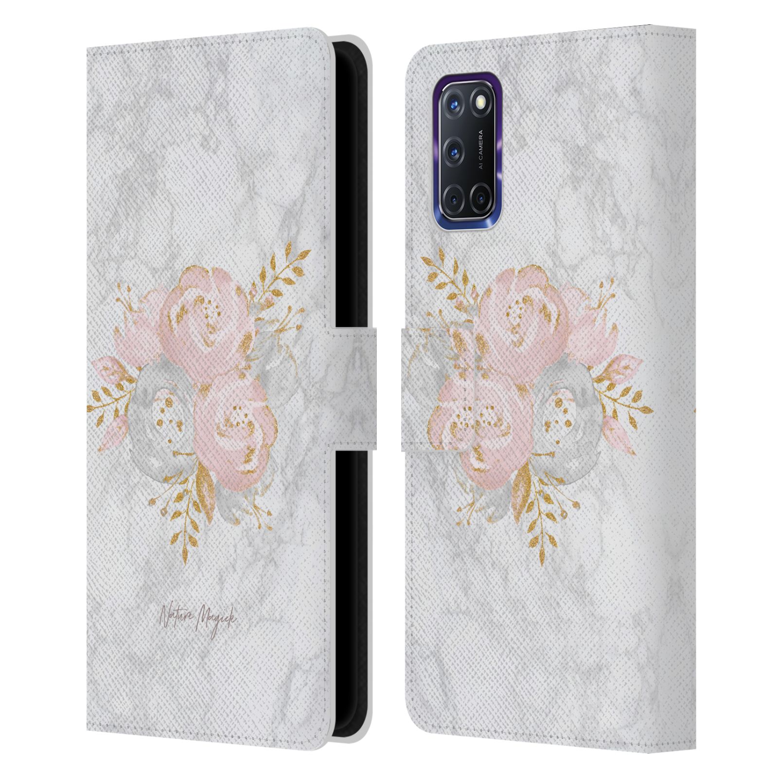 NATURE MAGICK PINK GLITTER FLOWERS ON MARBLE LEATHER BOOK CASE FOR OPPO PHONES - Picture 11 of 13