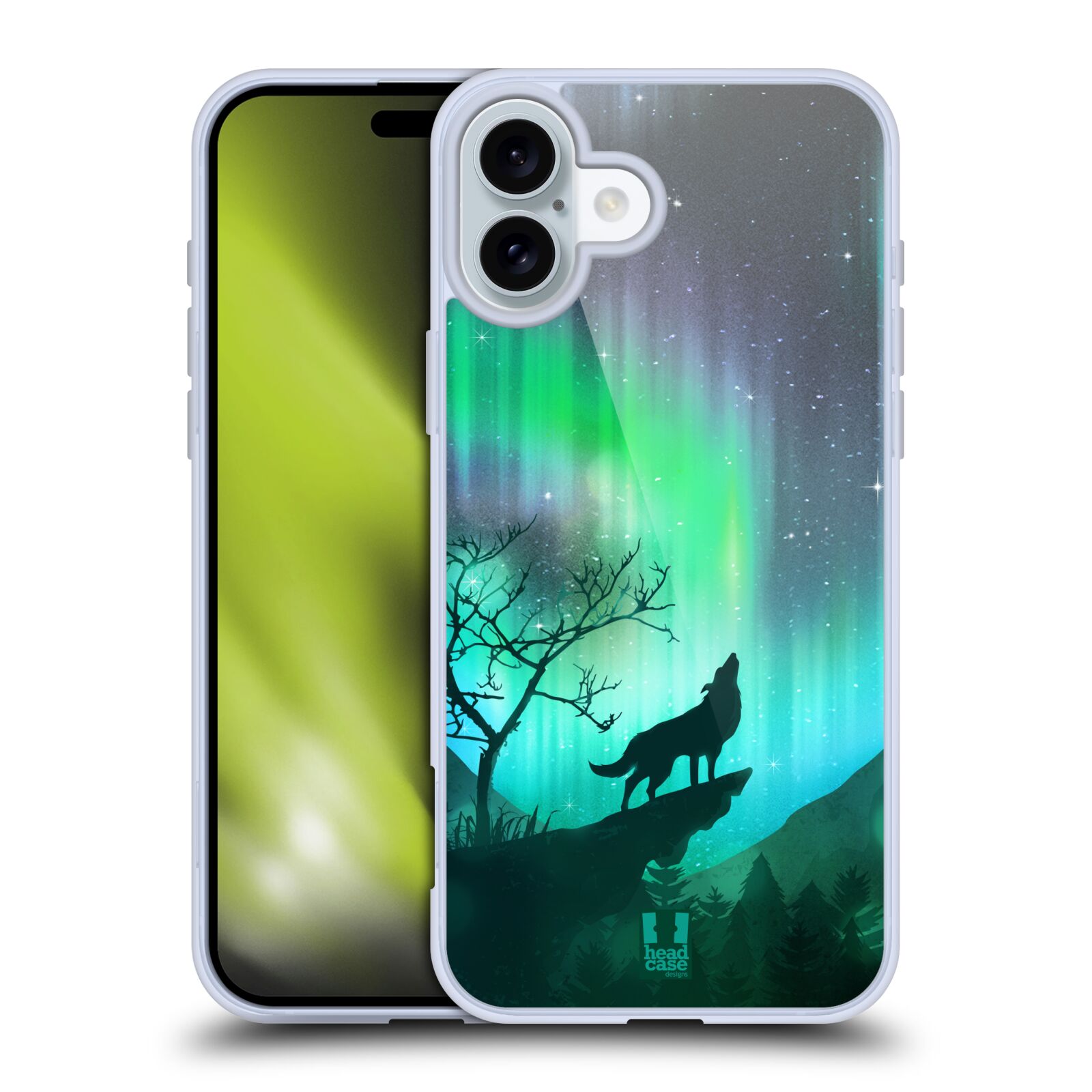 Silikonové lesklé pouzdro Apple iPhone 16 Plus - Head Case - POLÁRNÍ ZÁŘE VLK (Lesklý silikonový kryt, obal, pouzdro na mobilní telefon Apple iPhone 16 Plus s motivem POLÁRNÍ ZÁŘE VLK)