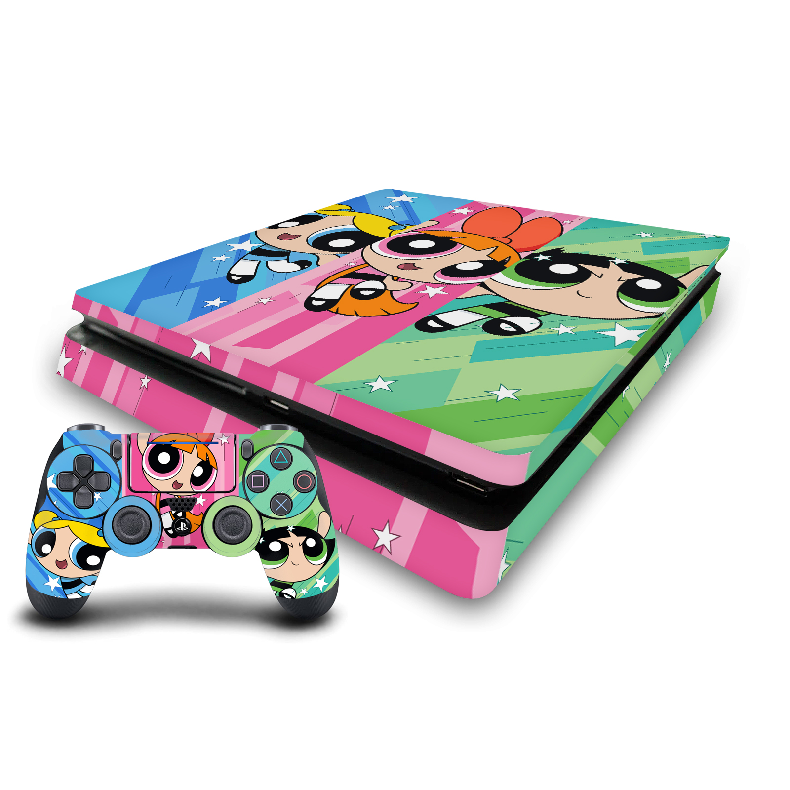 THE POWERPUFF GIRLS GRAPHICS VINYL SKIN DECAL FOR PS4 SLIM CONSOLE & CONTROLLER