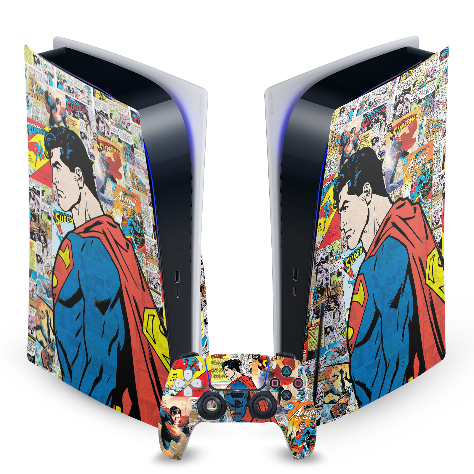 SUPERMAN DC COMICS LOGOS AND COMIC BOOK VINYL SKIN SONY PS5 DISC EDITION BUNDLE